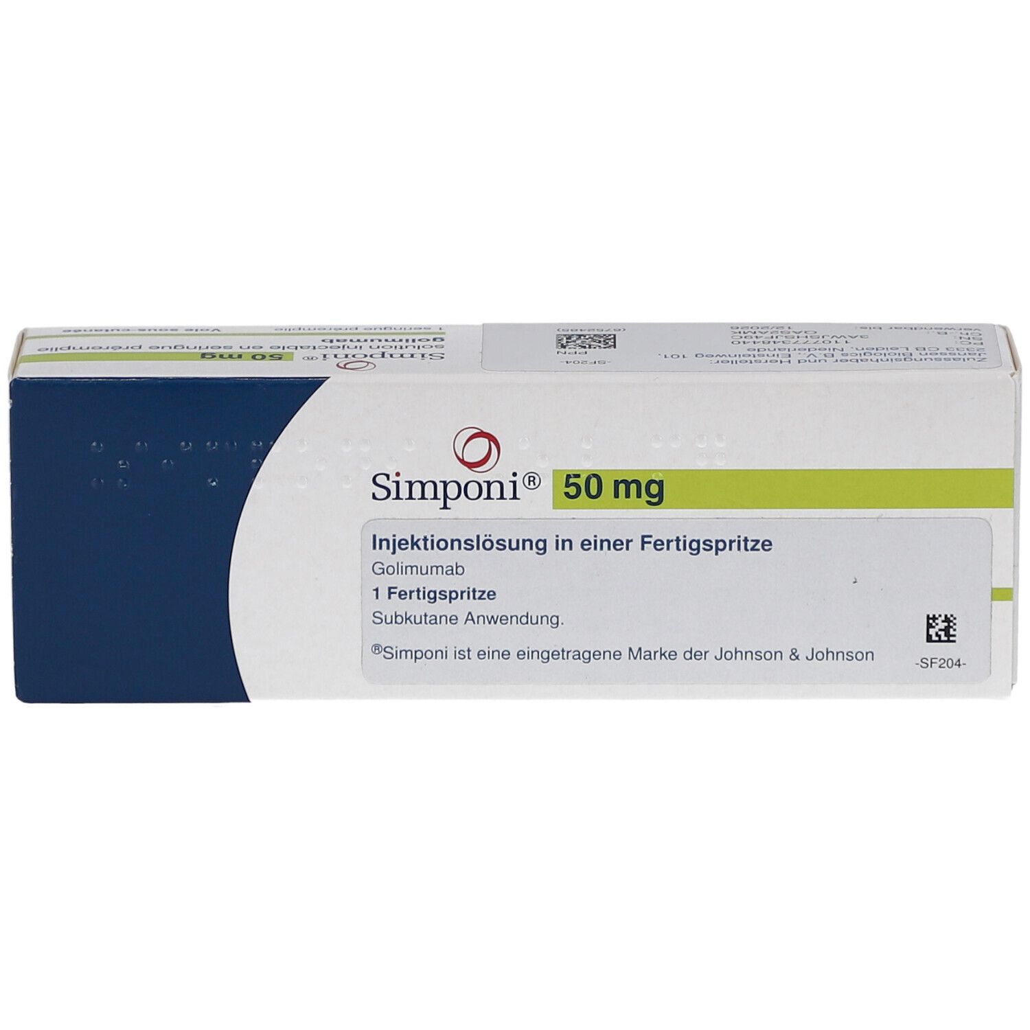 Schachtel Simponi 50 mg. Aufschrift: Injektionslösung in einer Fertigspritze. Logo und Markenname deutlich sichtbar.