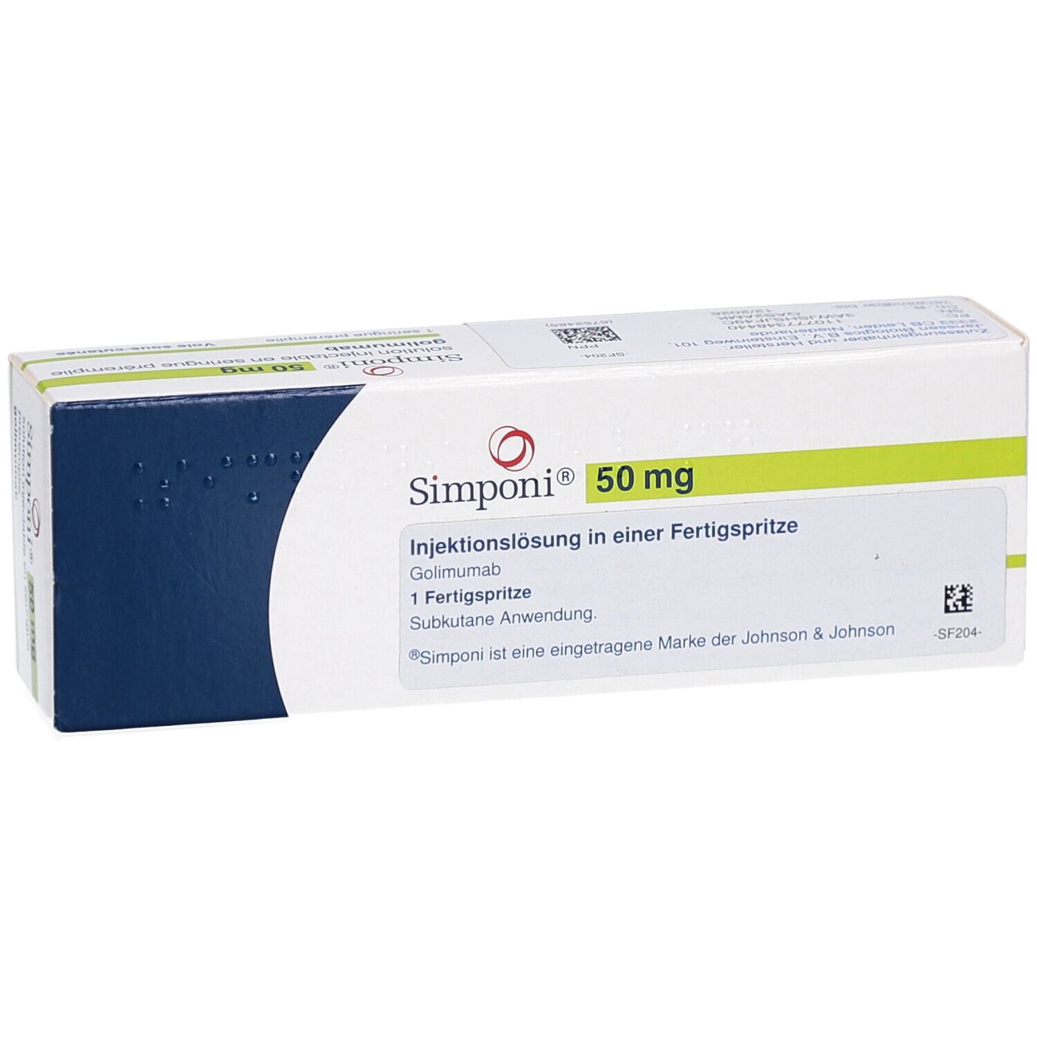 Schachtel Simponi 50 mg. Aufschrift: Injektionslösung in einer Fertigspritze. Logo und Markenname deutlich sichtbar.