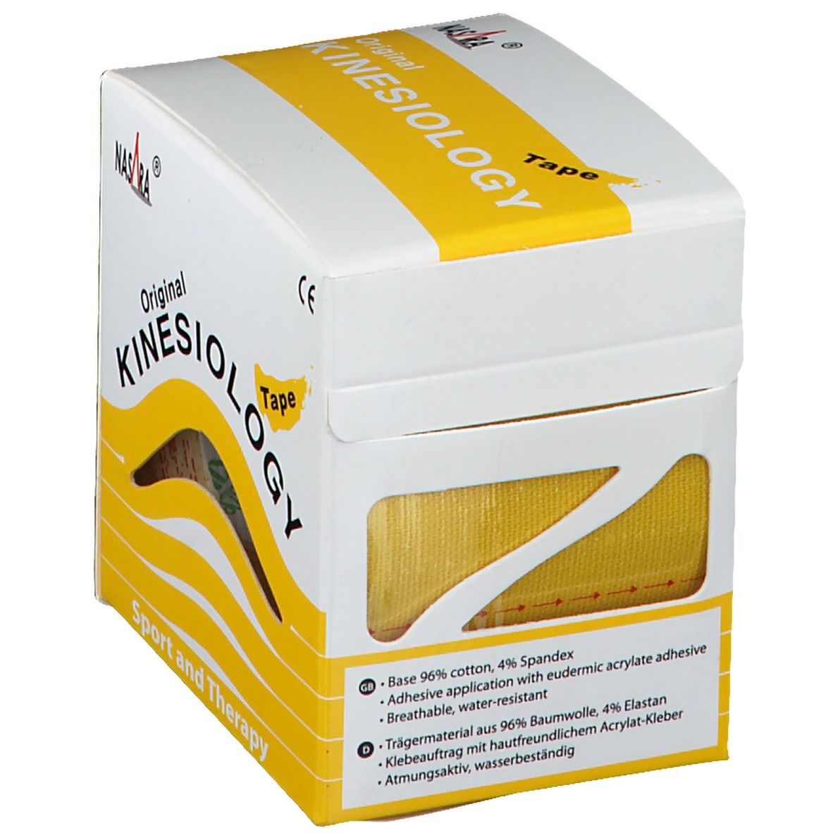 Kinesiologie Tape in gelber Verpackung. Sichtbares gelbes Tape. Aufdruck: Original Kinesiology Tape. Marke: NASARA.