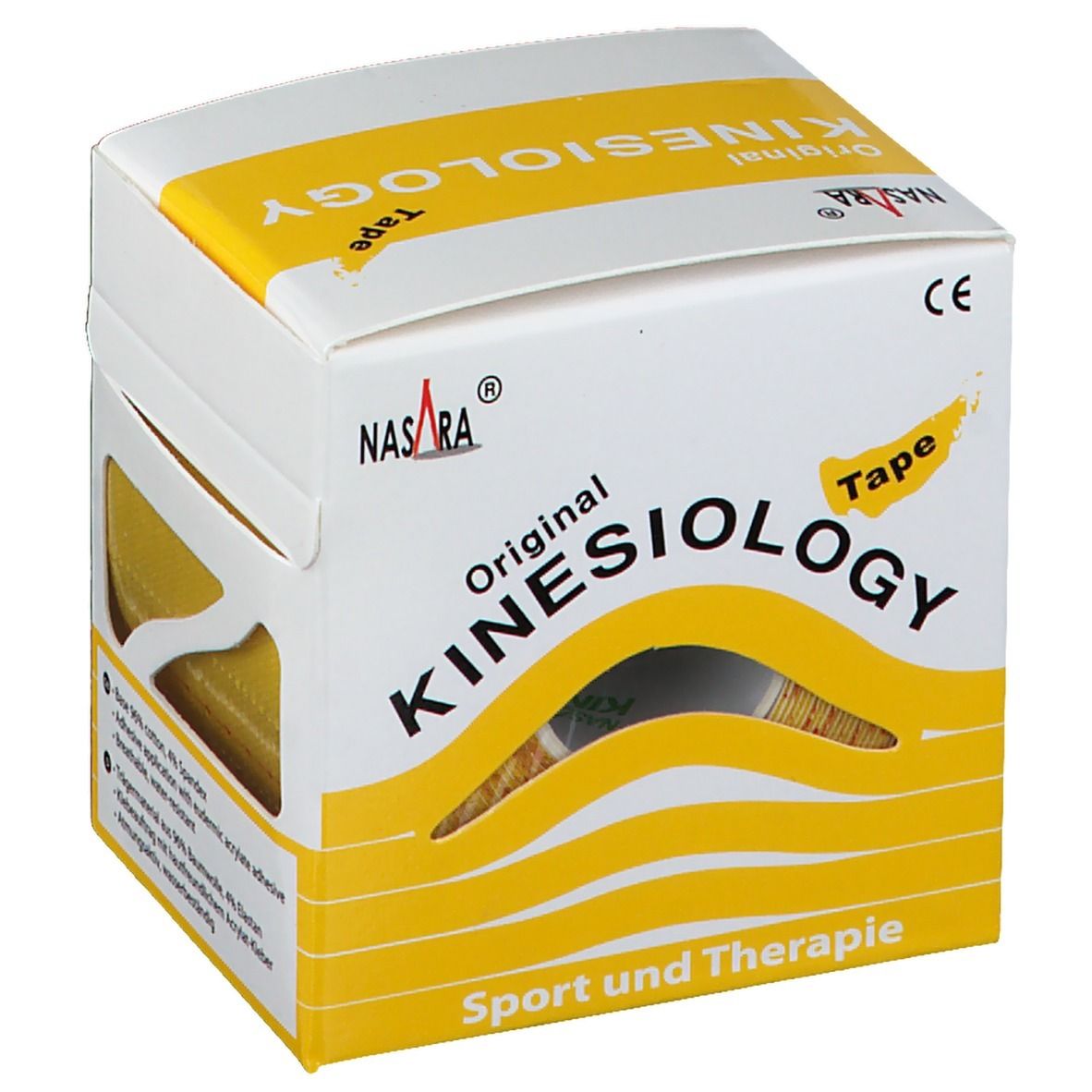 Kinesiologie Tape in gelber Verpackung. Aufdruck: Original Kinesiology Tape. Marke: NASARA. CE-Zeichen. Sichtbares gelbes Tape.