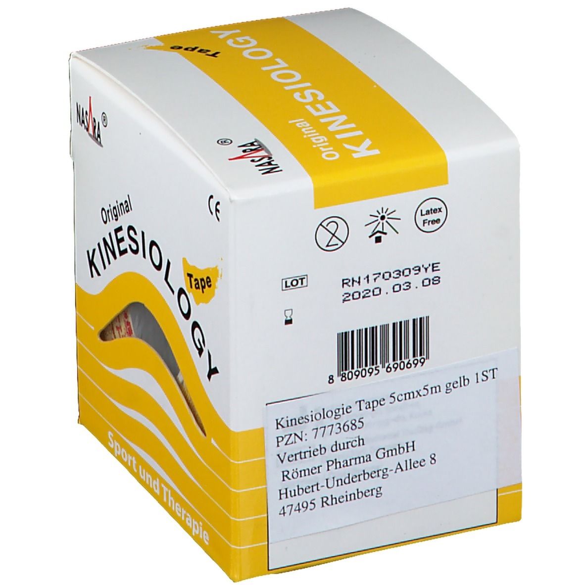 Kinesiologie Tape in gelber Verpackung. Aufdruck: Original Kinesiology Tape. Marke: NASARA. Produktinformationen und Barcode.