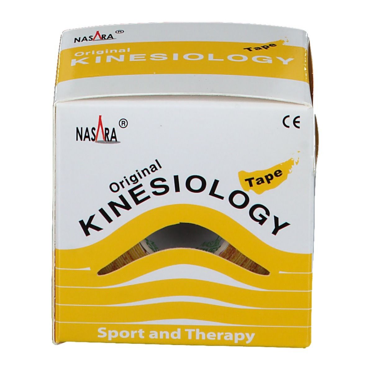 Kinesiologie Tape in gelber Verpackung. Aufdruck: Original Kinesiology Tape. Marke: NASARA. CE-Zeichen. Gelbes Tape sichtbar.