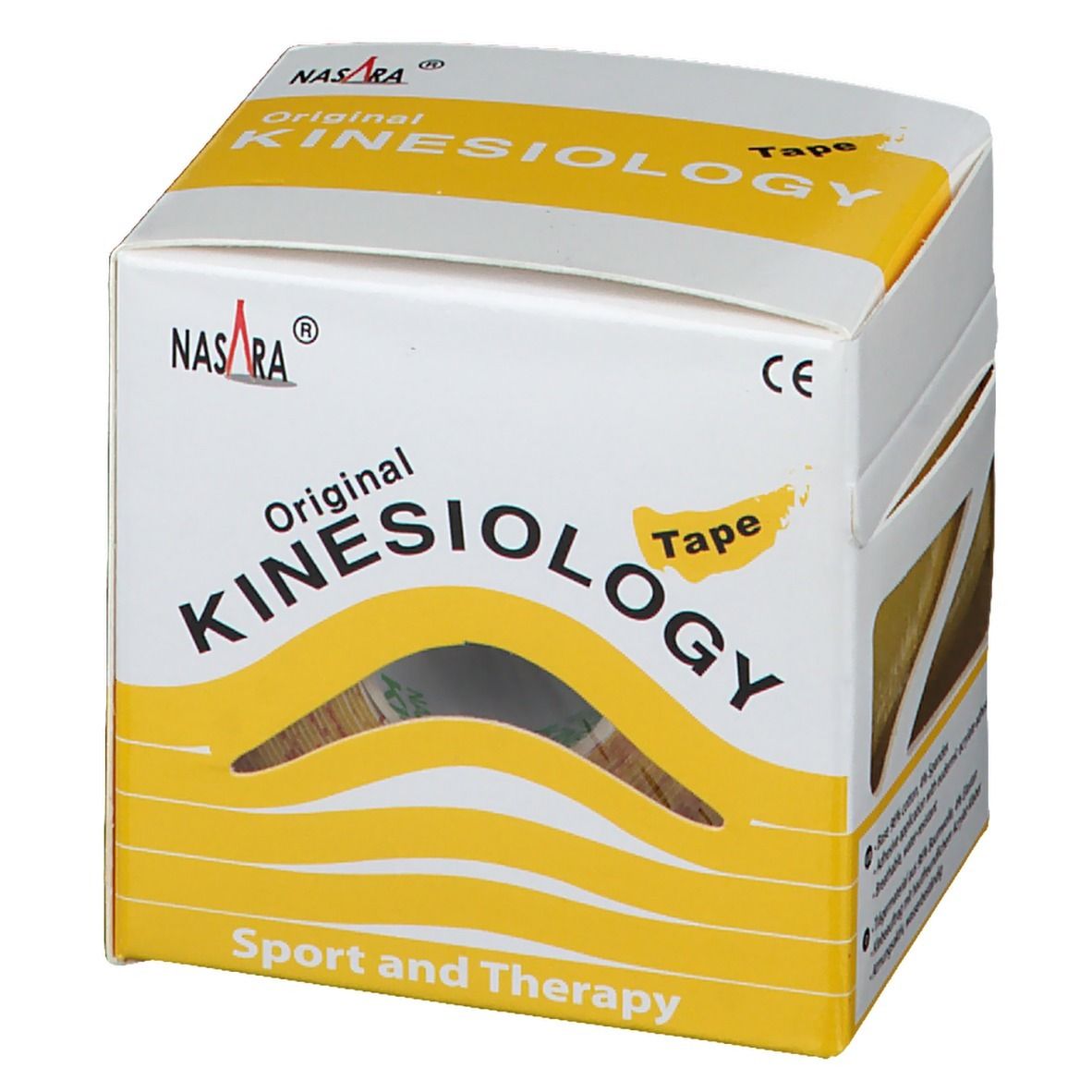 Kinesiologie Tape in gelber Verpackung. Aufdruck: Original Kinesiology Tape. Marke: NASARA. CE-Zeichen. Gelbes Tape sichtbar.