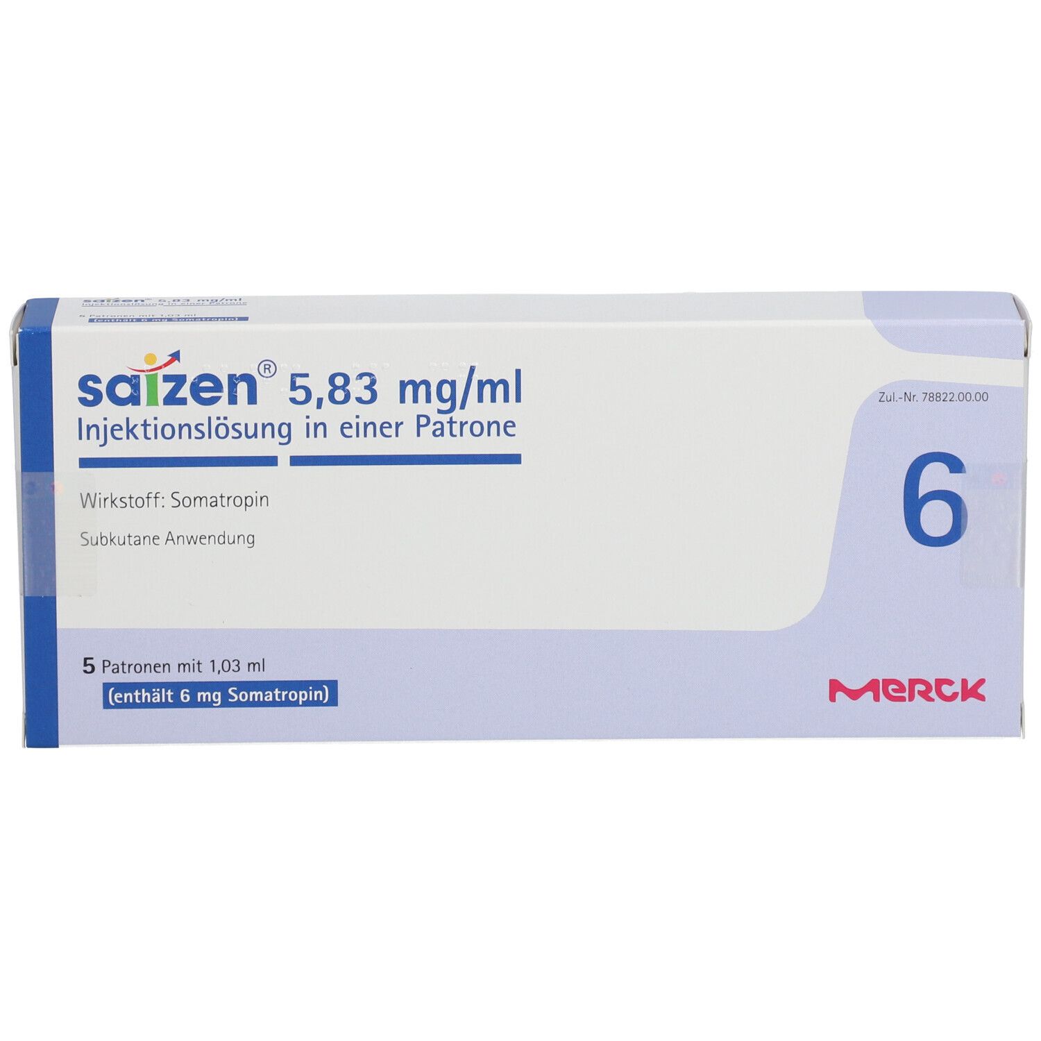 Vorderseite der Saizen 5,83 mg/ml Injektionslösung Verpackung, zeigt 5 Patronen.