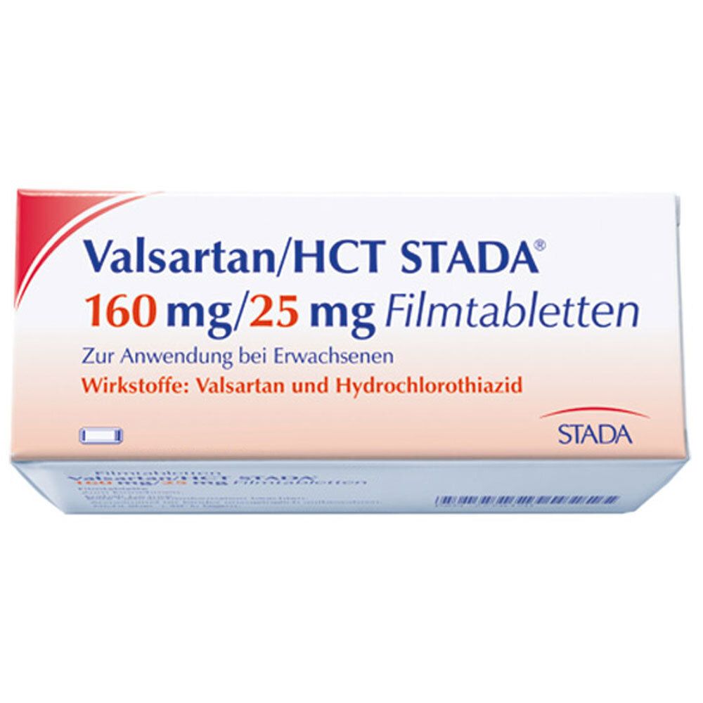Arzneimittelpackung mit Aufschrift Valsartan/HCT STADA 160 mg/25 mg Filmtabletten. STADA Logo.