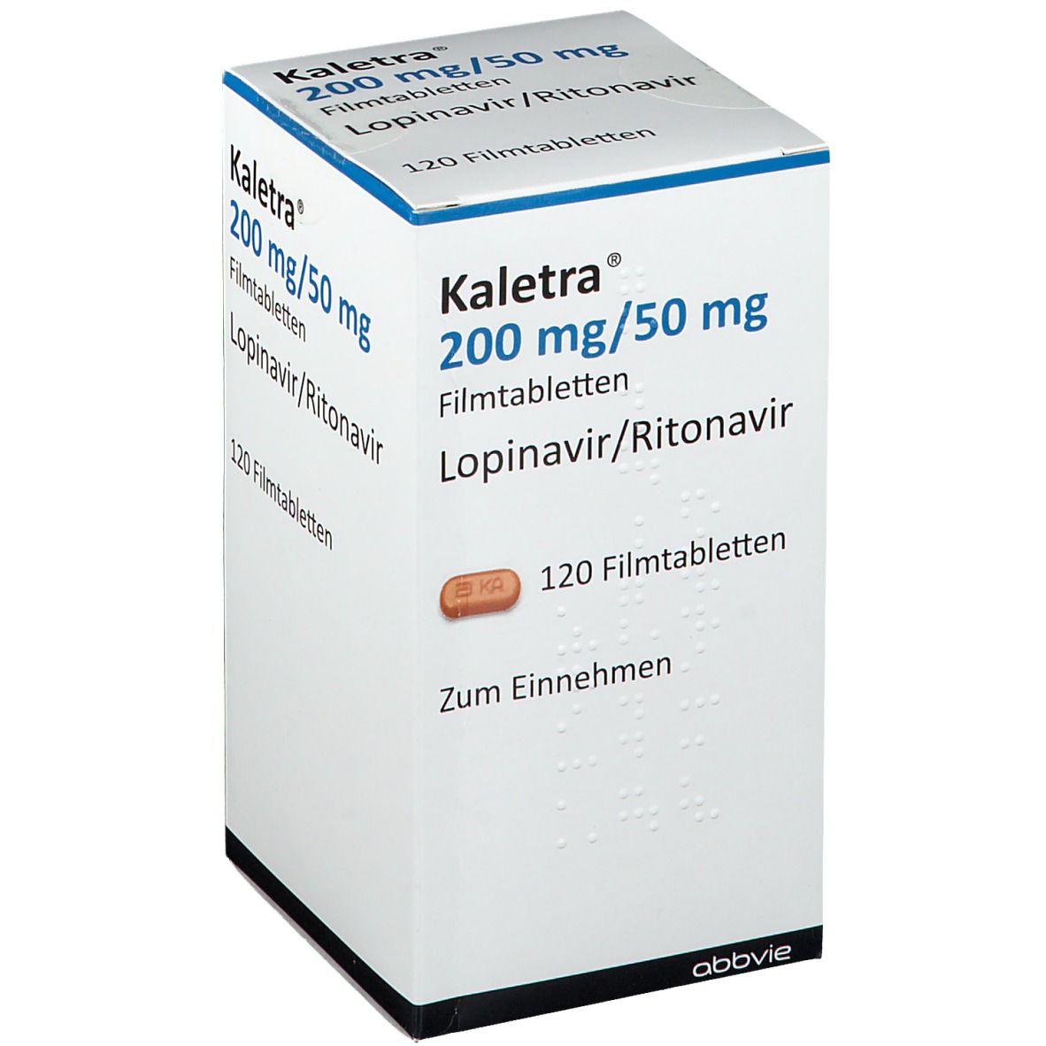 Weiße Kartonverpackung von Kaletra 200 mg/50 mg Filmtabletten. Aufdruck: Kaletra, 120 Filmtabletten, Lopinavir/Ritonavir.
