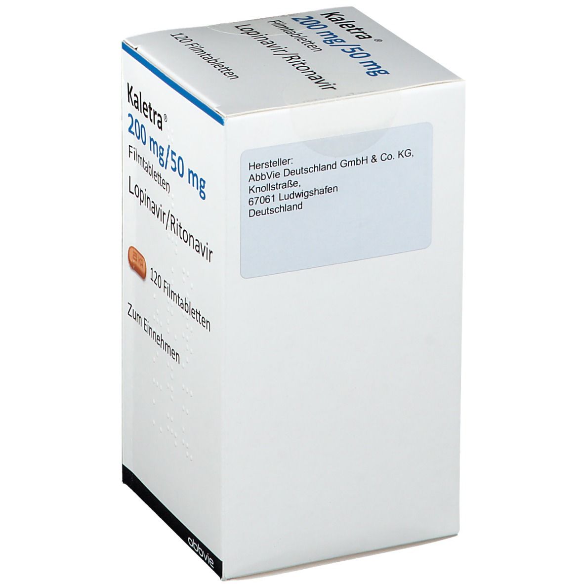 Weiße Kartonverpackung von Kaletra. Aufdruck: Hersteller, Adresse. Rückseite mit weißem Etikett.