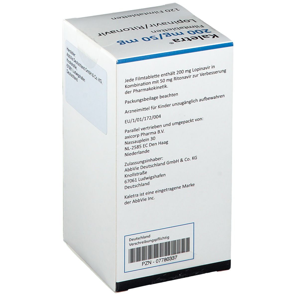 Rückseite der Kaletra-Verpackung. Text: Zusammensetzung, Dosierung, Warnhinweise, Herstellerinformationen, Barcode.