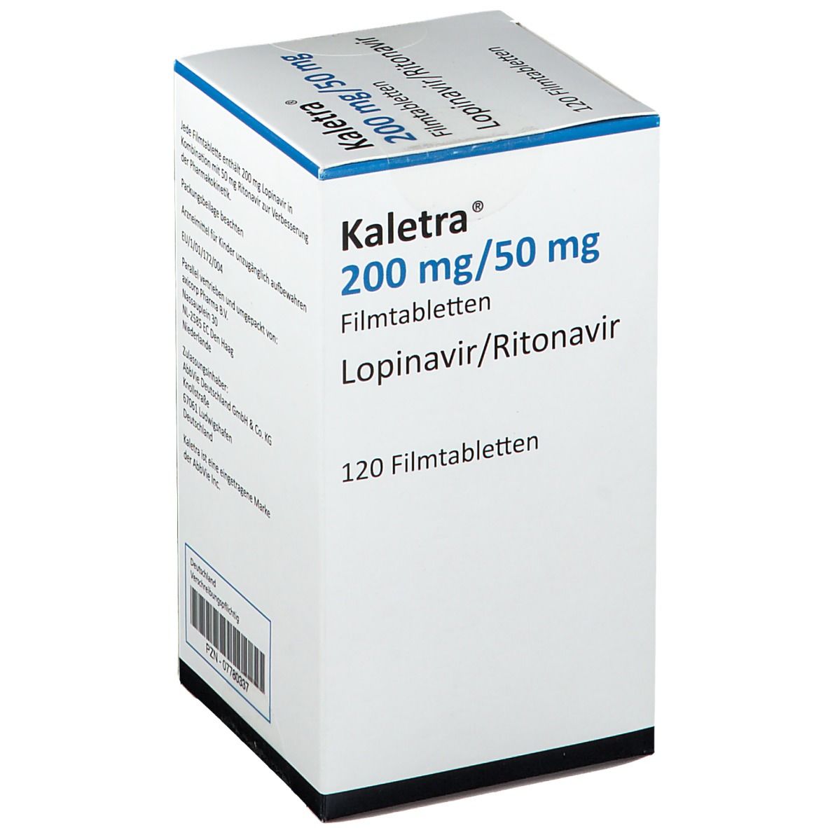 Weiße Kartonverpackung von Kaletra 200 mg/50 mg Filmtabletten. Aufdruck: Kaletra, 120 Filmtabletten, Lopinavir/Ritonavir.