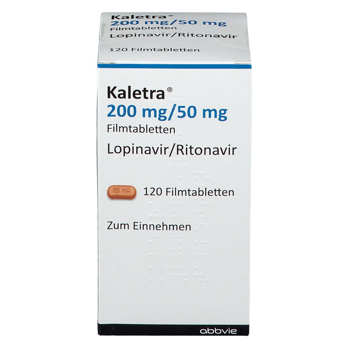 Weiße Kartonverpackung von Kaletra 200 mg/50 mg Filmtabletten. Aufdruck: Kaletra, 120 Filmtabletten, Lopinavir/Ritonavir.