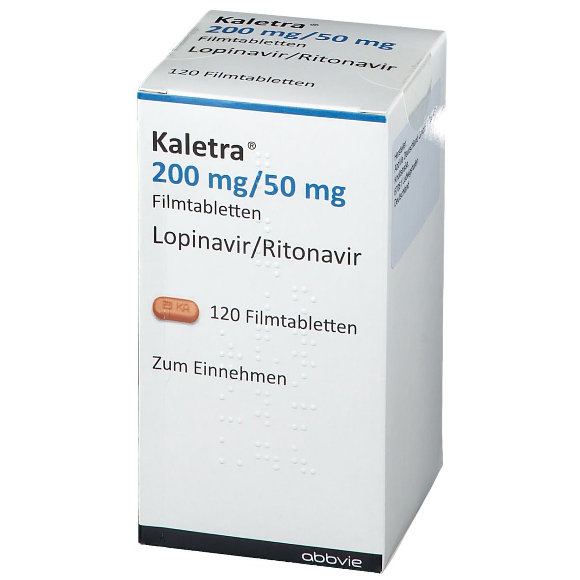 Weiße Kartonverpackung von Kaletra 200 mg/50 mg Filmtabletten. Aufdruck: Kaletra, 120 Filmtabletten, Lopinavir/Ritonavir.