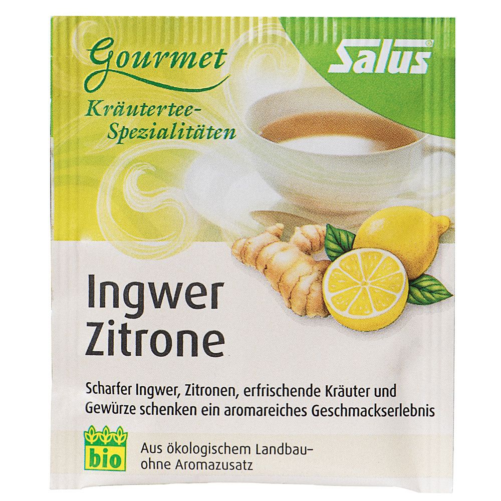 Verpackung mit Kräutertee-Spezialitäten. Aufdruck: Ingwer Zitrone, Bio-Siegel, Salus-Logo. Abbildung von Zitrone, Ingwer und Tasse Tee.