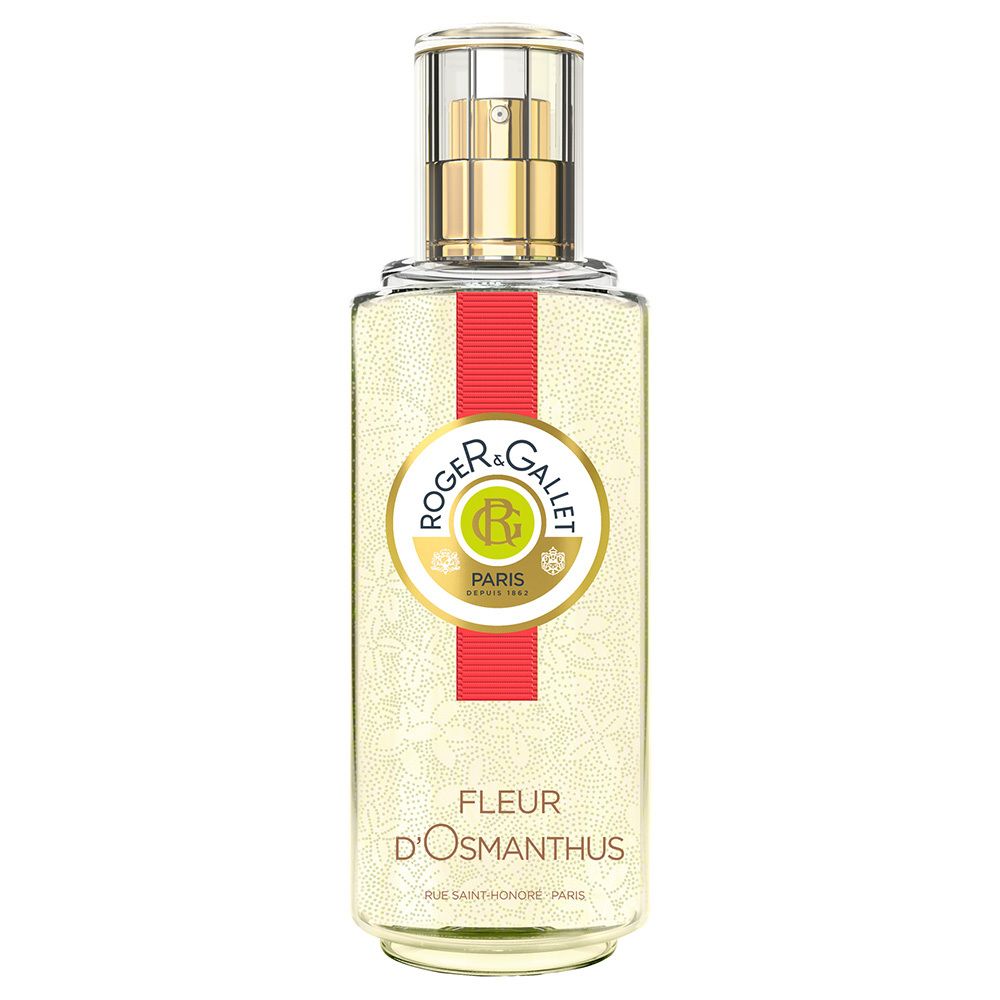 Flakon mit Zerstäuber. Goldfarbener Verschluss. Roter Streifen mit Logo und Schriftzug. Aufschrift: FLEUR D'OSMANTHUS.