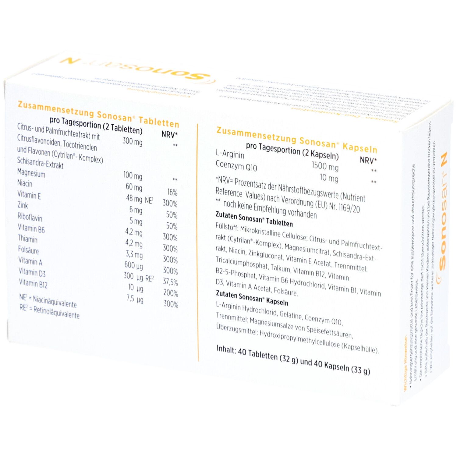 Sonosan® N-Verpackung. Rückseite mit Inhaltsangaben. Enthält 40 Tabletten und 40 Kapseln.