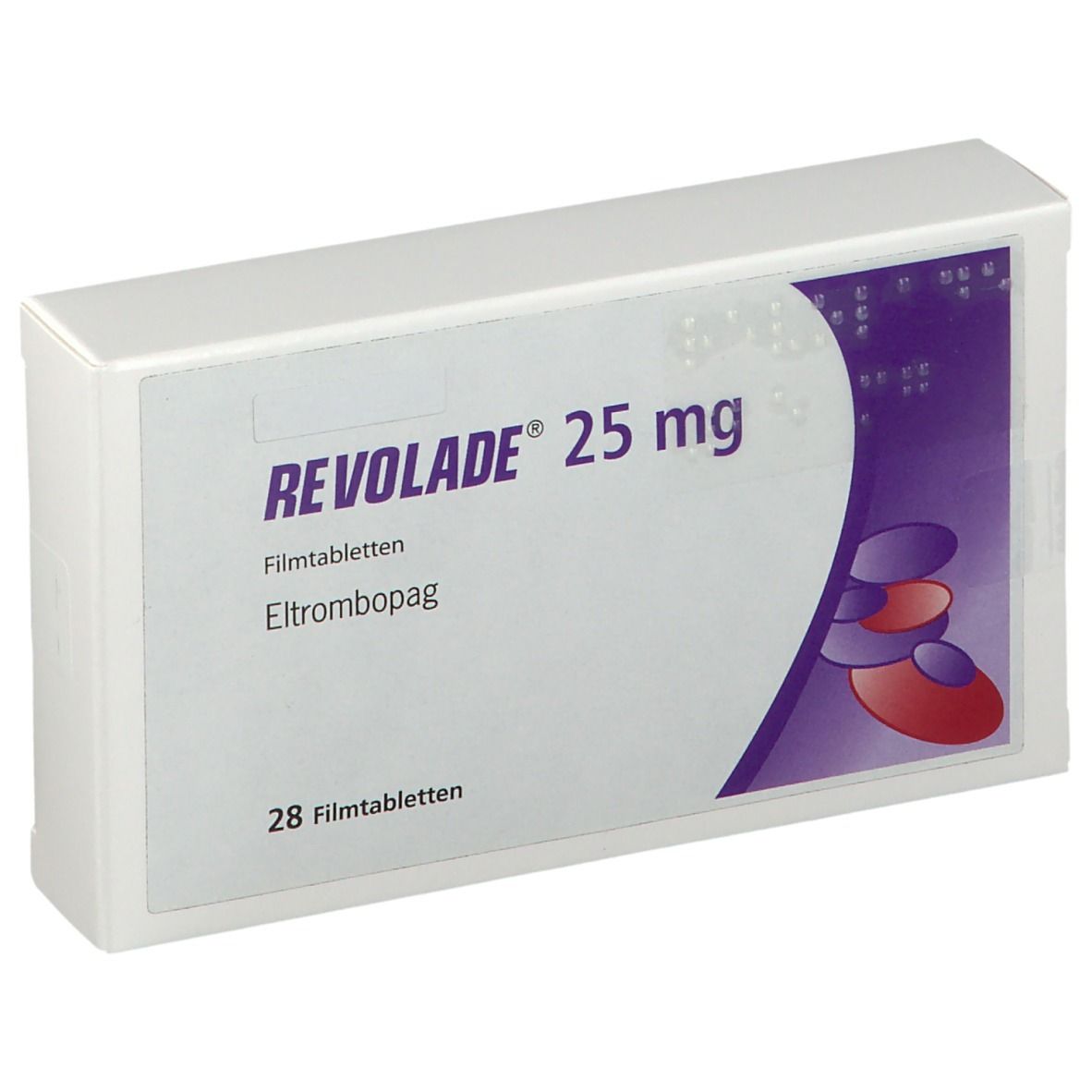 Weiße Schachtel mit REVOLADE® 25 mg Aufschrift. Enthält 28 Filmtabletten. Lila Designelemente.