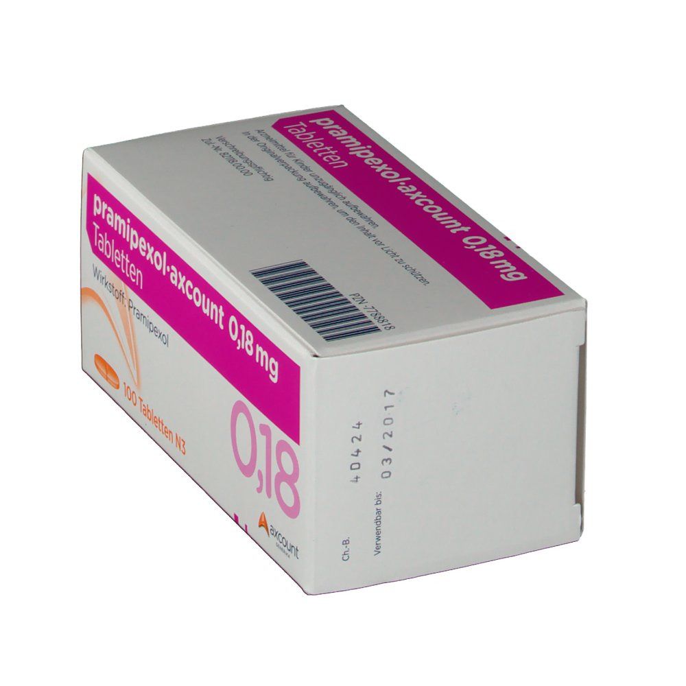 Schachtel mit "Pramipexol-axcount 0,18 mg Tabletten". Rosa und weiße Beschriftung. 100 Tabletten. Barcode und Verfallsdatum.
