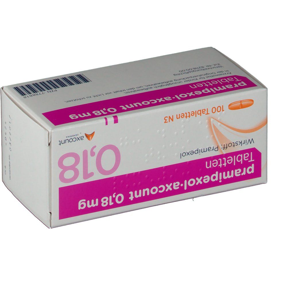 Schachtel "Pramipexol-axcount 0,18 mg Tabletten". Rosa und weiße Beschriftung. 100 Tabletten. Eine Tablette ist abgebildet.