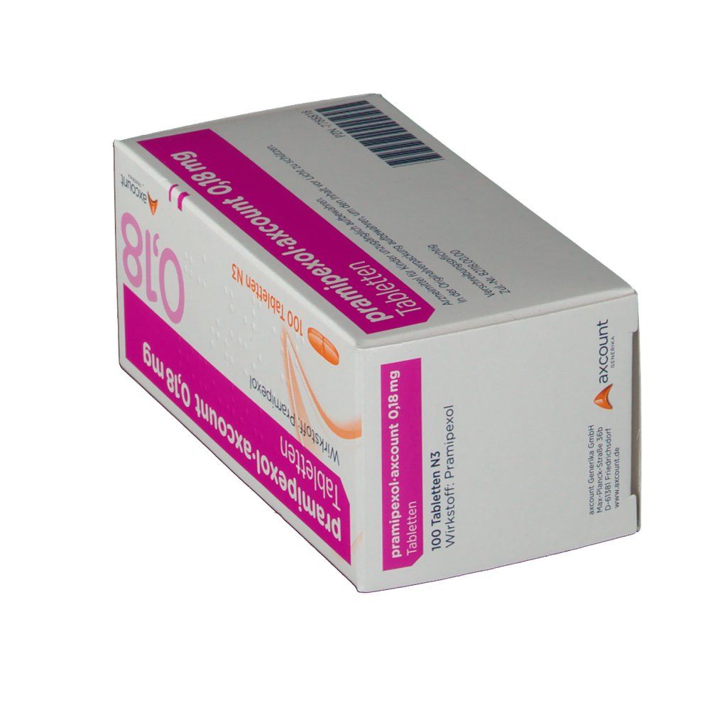 Schachtel "Pramipexol-axcount 0,18 mg Tabletten". Rosa und weiße Beschriftung. 100 Tabletten. Ansicht von oben.