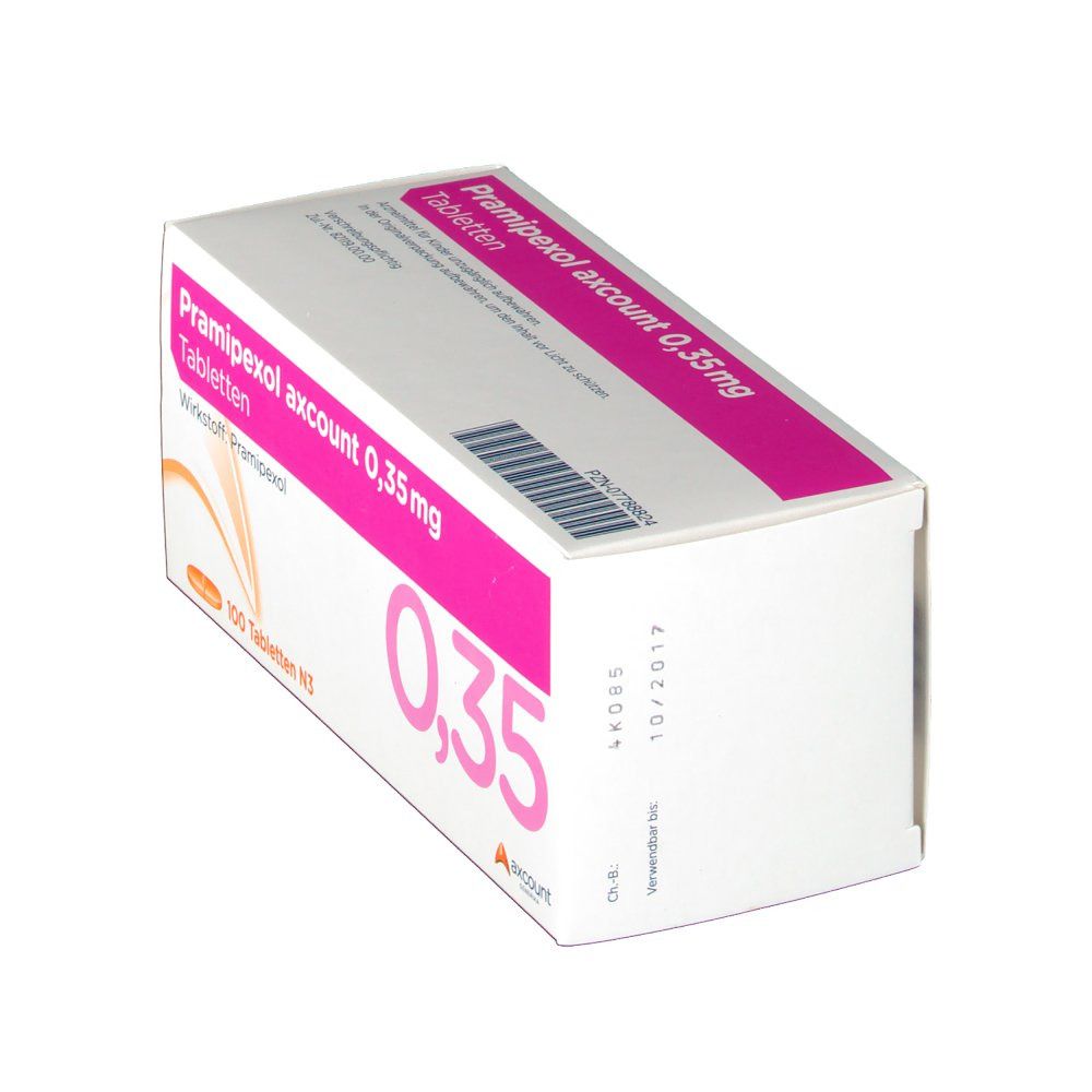 Tablettenpackung PRAMIPEXOL axcount 0,35 mg. Weiße Schachtel mit pinkfarbenem Streifen und Text. Aufdruck "0,35".