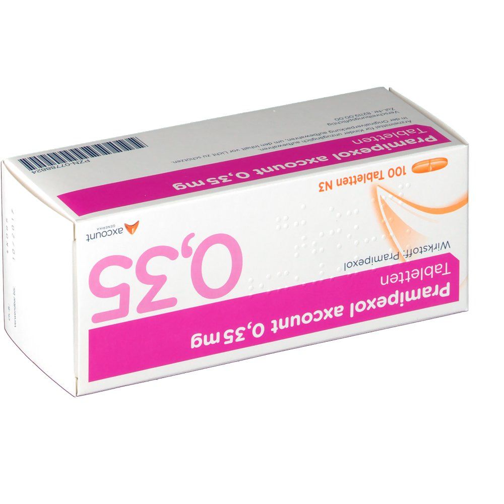 Tablettenpackung PRAMIPEXOL axcount 0,35 mg. Weiße Schachtel mit pinkfarbenem Streifen und Text. Aufdruck "0,35".