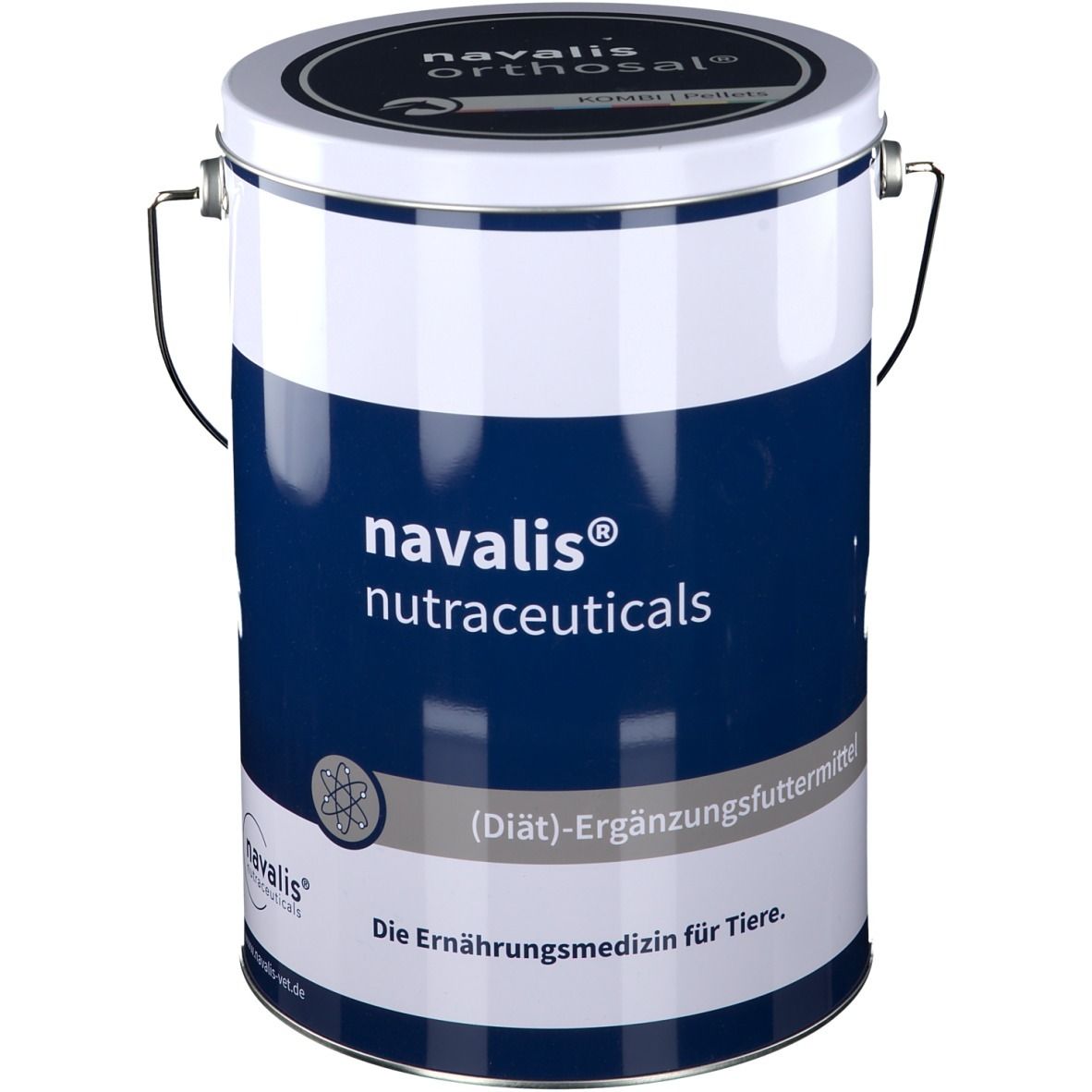 Weiß-blaue Dose mit Griff. Aufschrift: navalis® nutraceuticals. (Diät)-Ergänzungsfuttermittel. Die Ernährungsmedizin für Tiere.