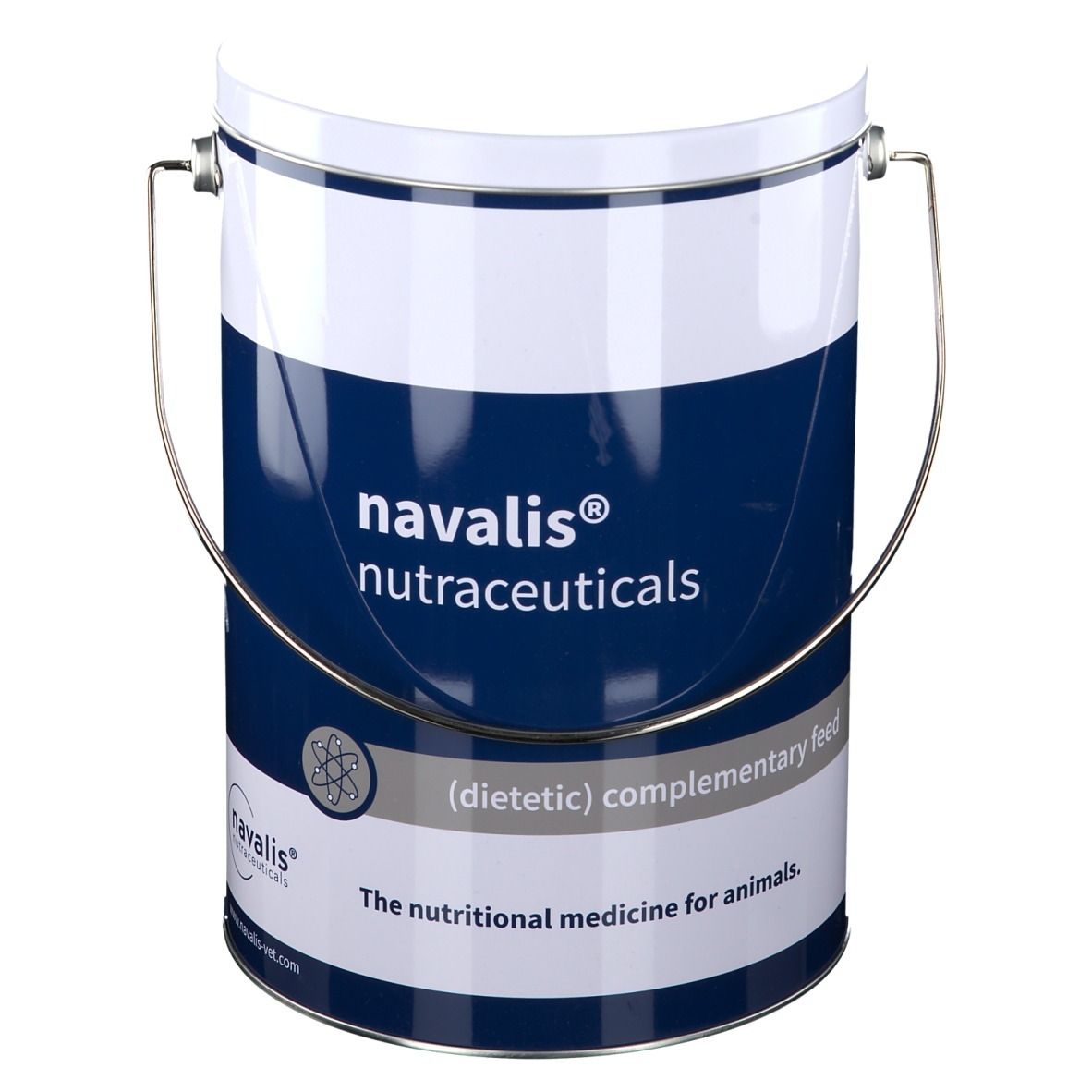 Weiß-blaue Dose mit Griff. Aufschrift: navalis® nutraceuticals. (dietetic) complementary feed. The nutritional medicine for animals.