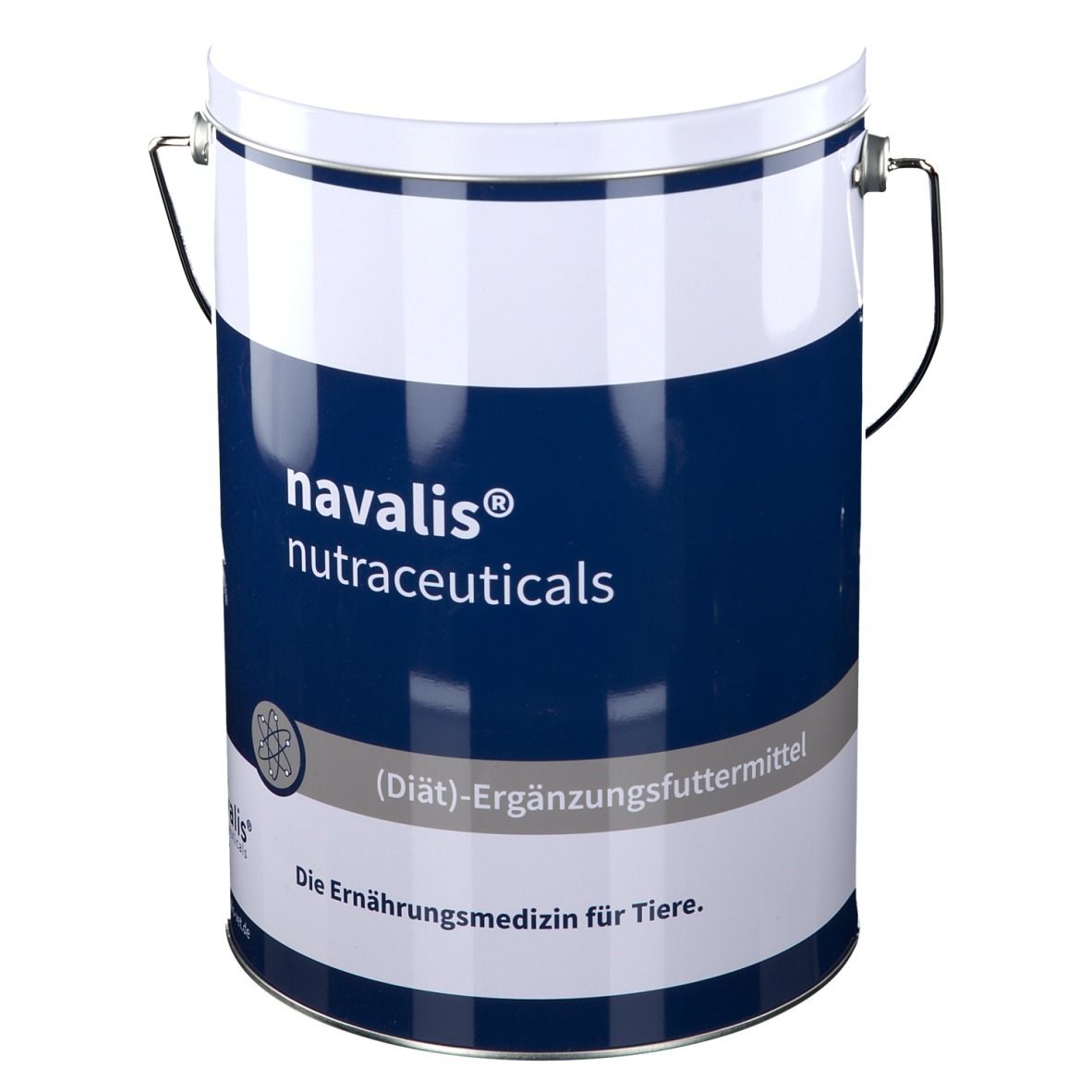 Weiß-blaue Dose mit Griff. Aufschrift: navalis® nutraceuticals. (Diät)-Ergänzungsfuttermittel. Die Ernährungsmedizin für Tiere.
