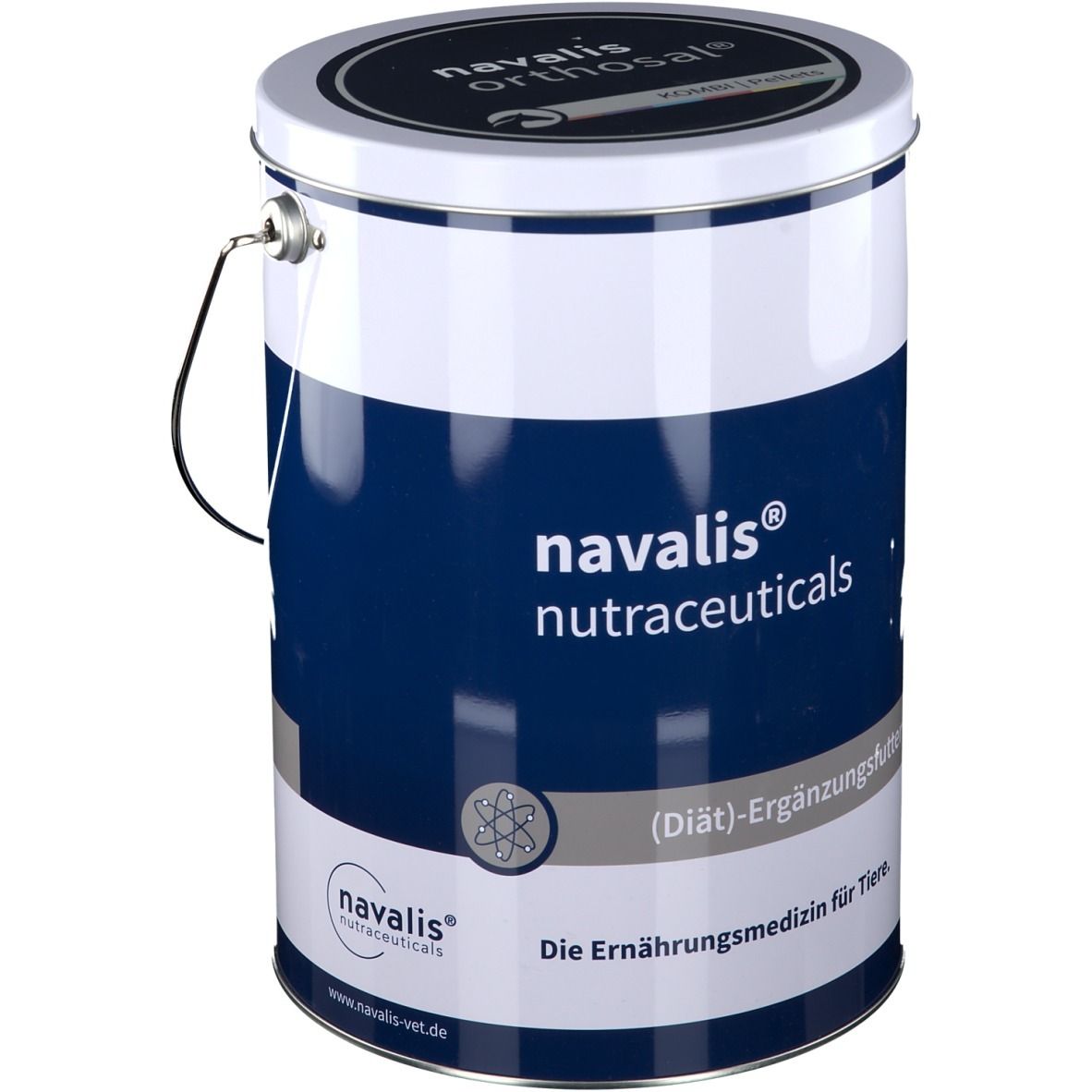Weiß-blaue Dose mit Griff. Aufschrift: navalis® nutraceuticals. (Diät)-Ergänzungsfuttermittel. Die Ernährungsmedizin für Tiere.