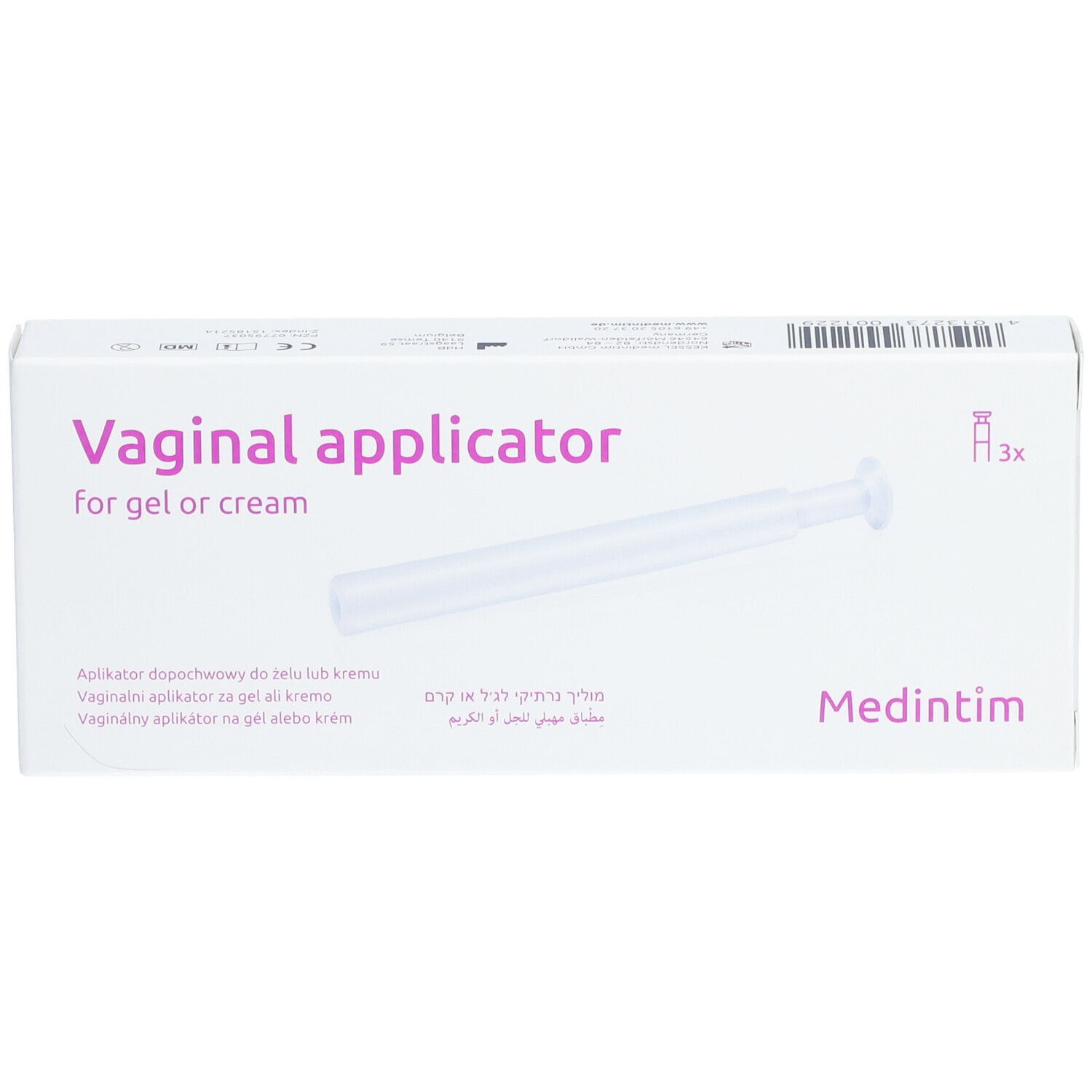 Verpackung mit Applikator für Gel oder Creme. Aufschrift: Vaginal applicator. Marke: Medintim. Enthält 3 Applikatoren.