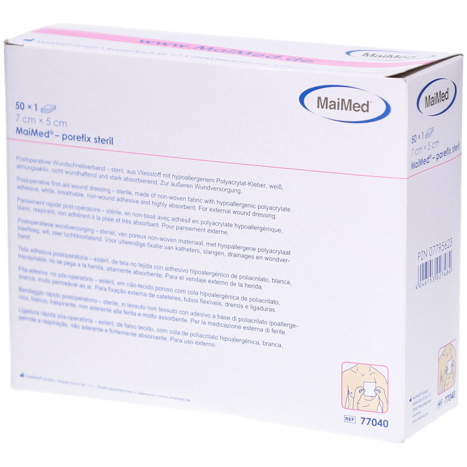 Verpackung MaiMed porefix steril. 50 Stück, 7 x 5 cm. Weißer Karton mit Produktinformationen und Logo. Medizinprodukt.