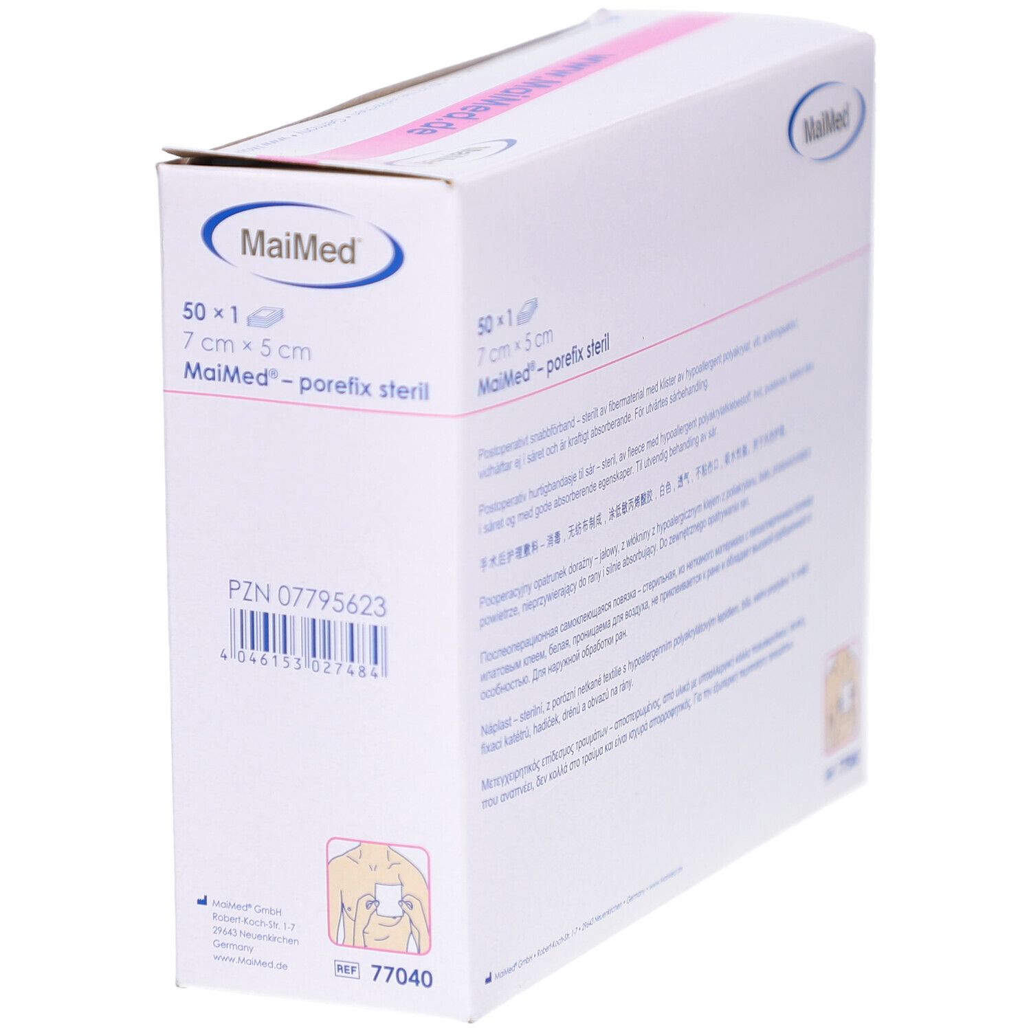 MaiMed porefix steril Verpackung. 50 Stück, 7 x 5 cm. Weißer Karton mit Produktinformationen und Logo. Medizinprodukt.