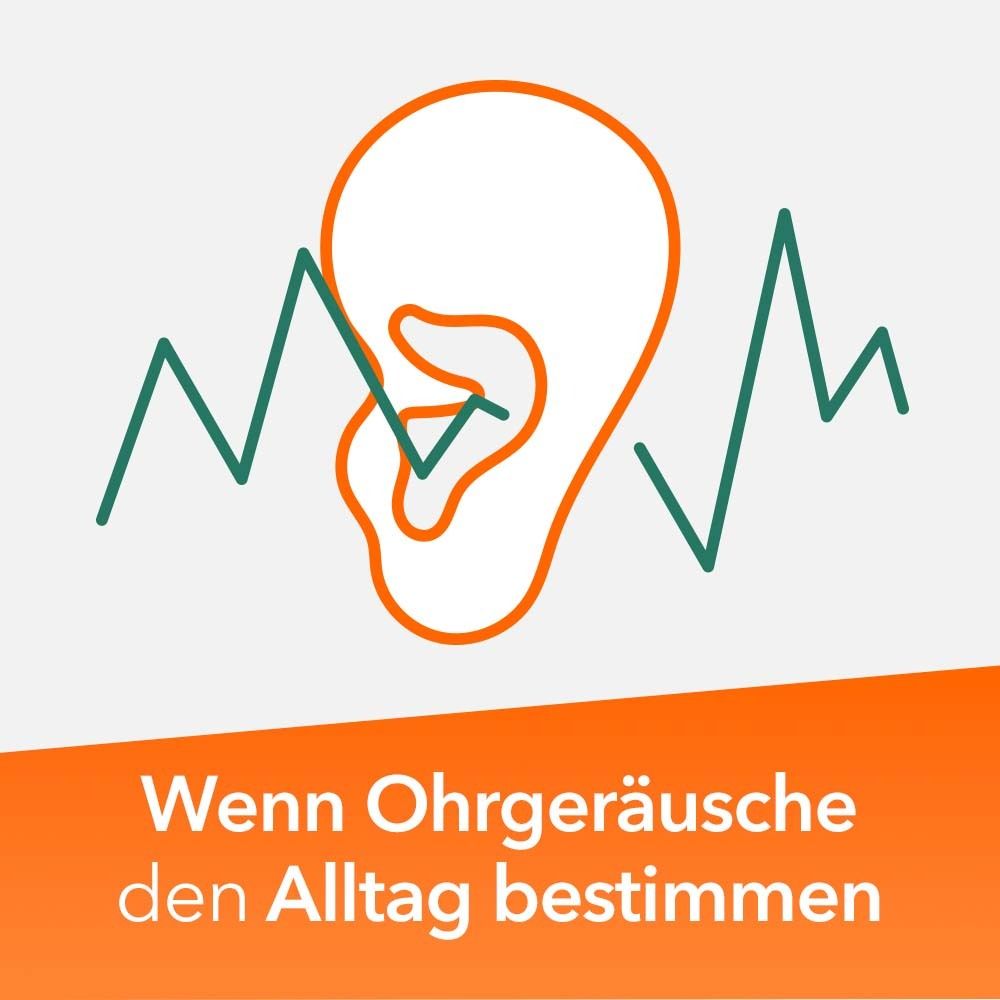 Grafik: Ohr mit Schallwellen. Text: Wenn Ohrgeräusche den Alltag bestimmen.
