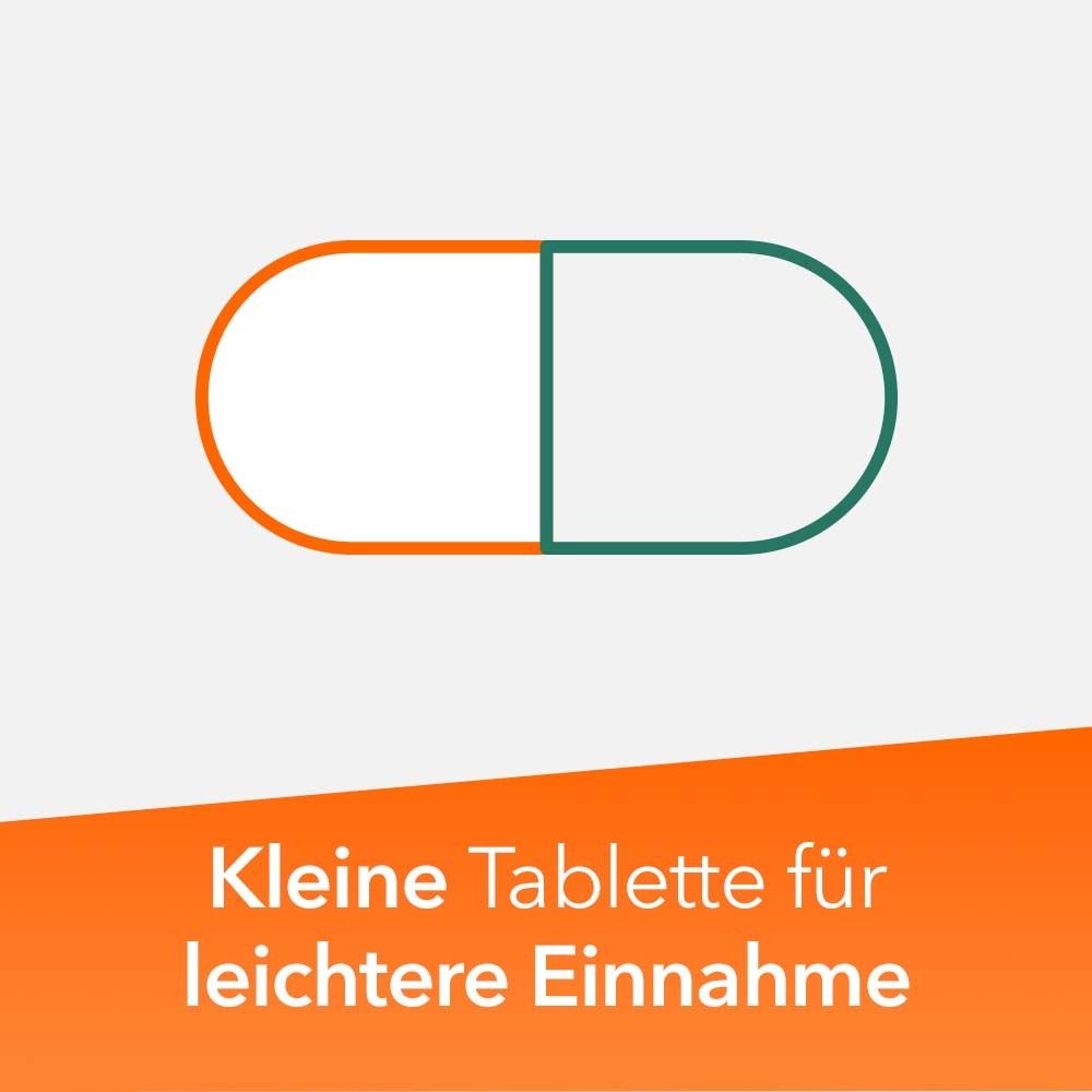 Grafik: Kapsel-Tablette. Text: Kleine Tablette für leichtere Einnahme.