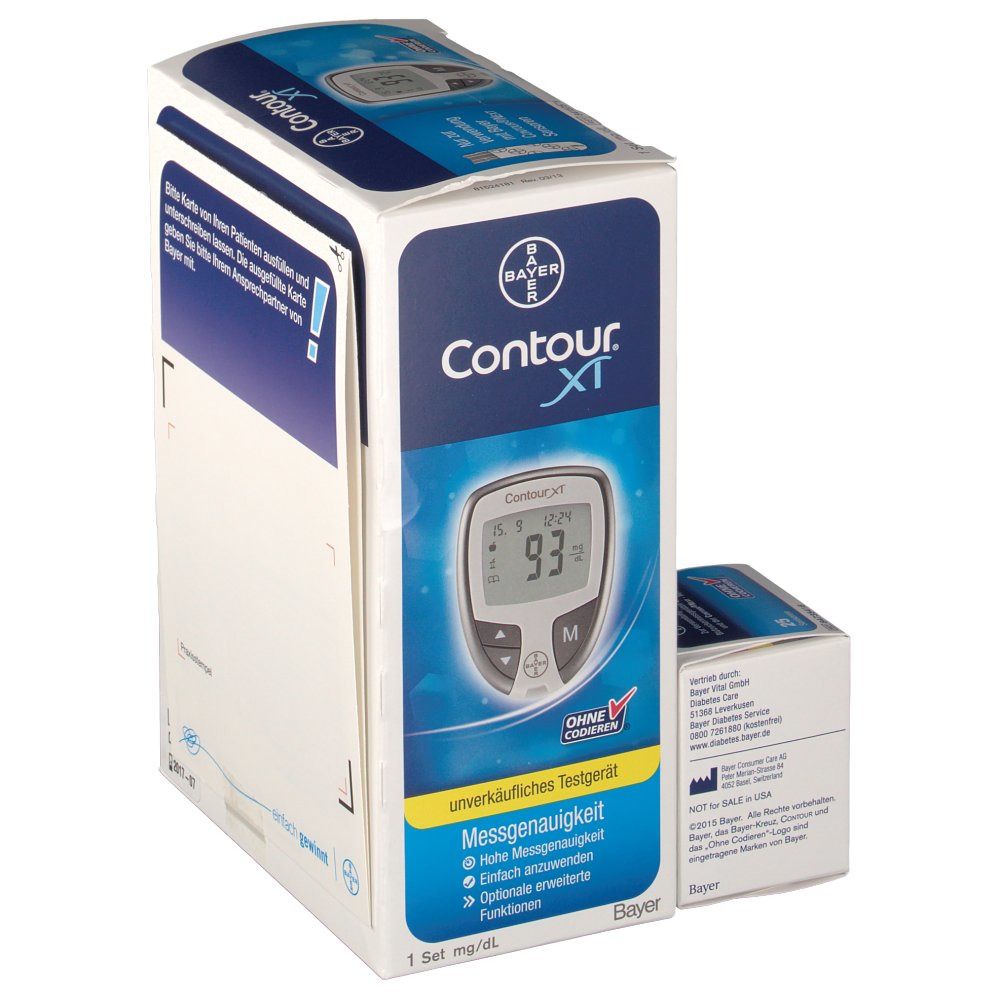 Packung mit Blutzuckermessgerät. Aufschrift: Contour XT, Bayer. Unverkäufliches Testgerät. Messgenauigkeit.