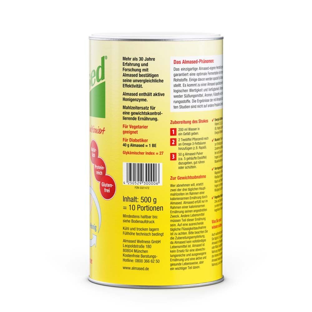 Rückseite einer Dose Almased Vital-Pflanzen-Eiweißkost. Gelber Hintergrund, weiße Schrift. Text über Inhaltsstoffe, Zubereitung und Nährwerte.
