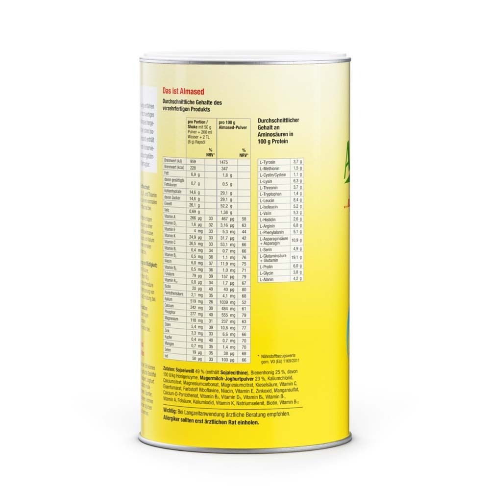 Rückseite einer Dose Almased Vital-Pflanzen-Eiweißkost. Gelber Hintergrund, weiße Schrift. Nährwerttabelle mit Aminosäuren und Vitaminen.