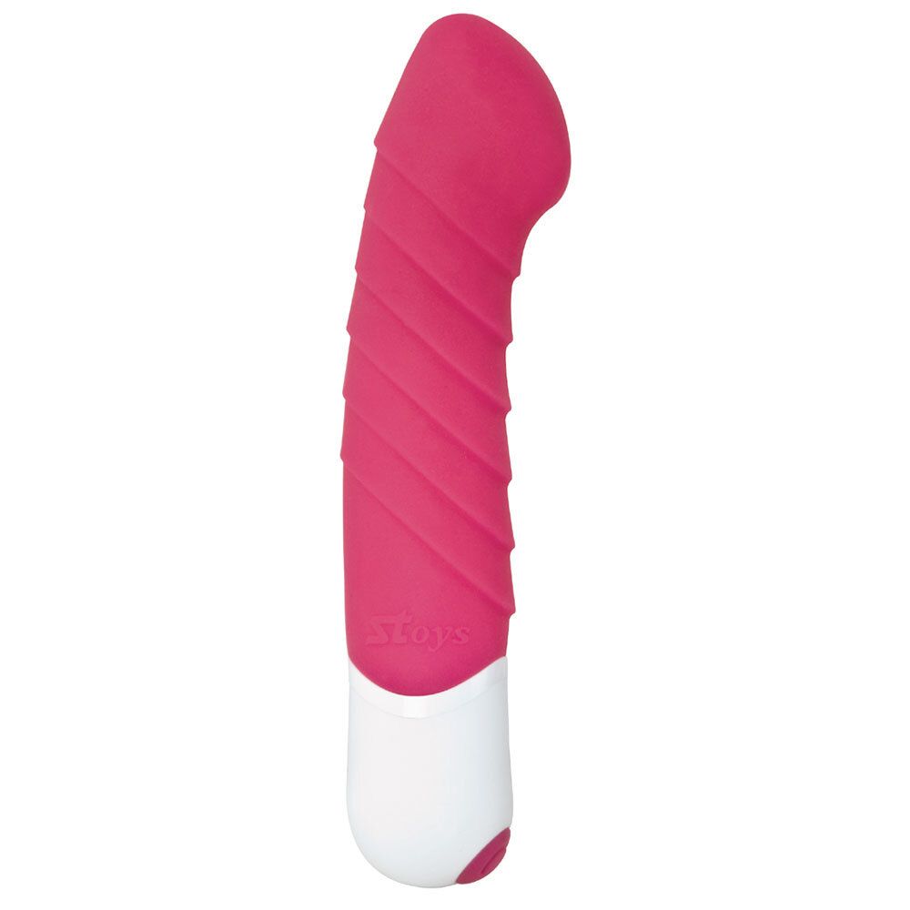 Pinker Vibrator mit gerippter Oberfläche und weißem Griff.