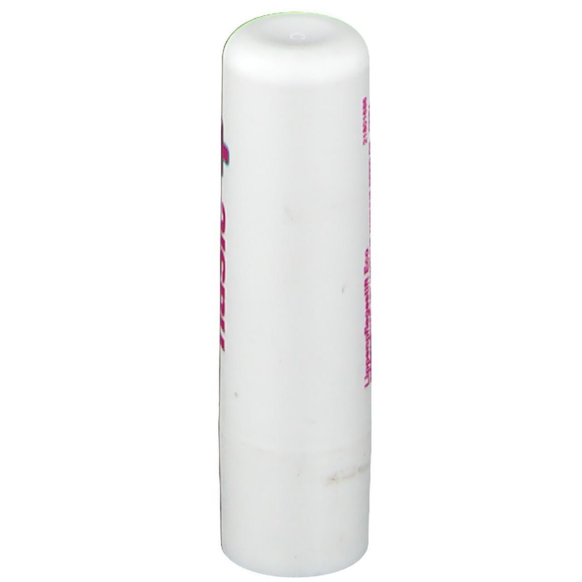 Weißer Lippenpflegestift, pinkfarbener Schriftzug und Logo. Produktansicht.