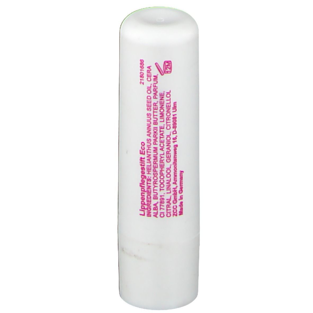Weißer Lippenpflegestift mit Inhaltsstoffangaben und Herstellerinformationen.