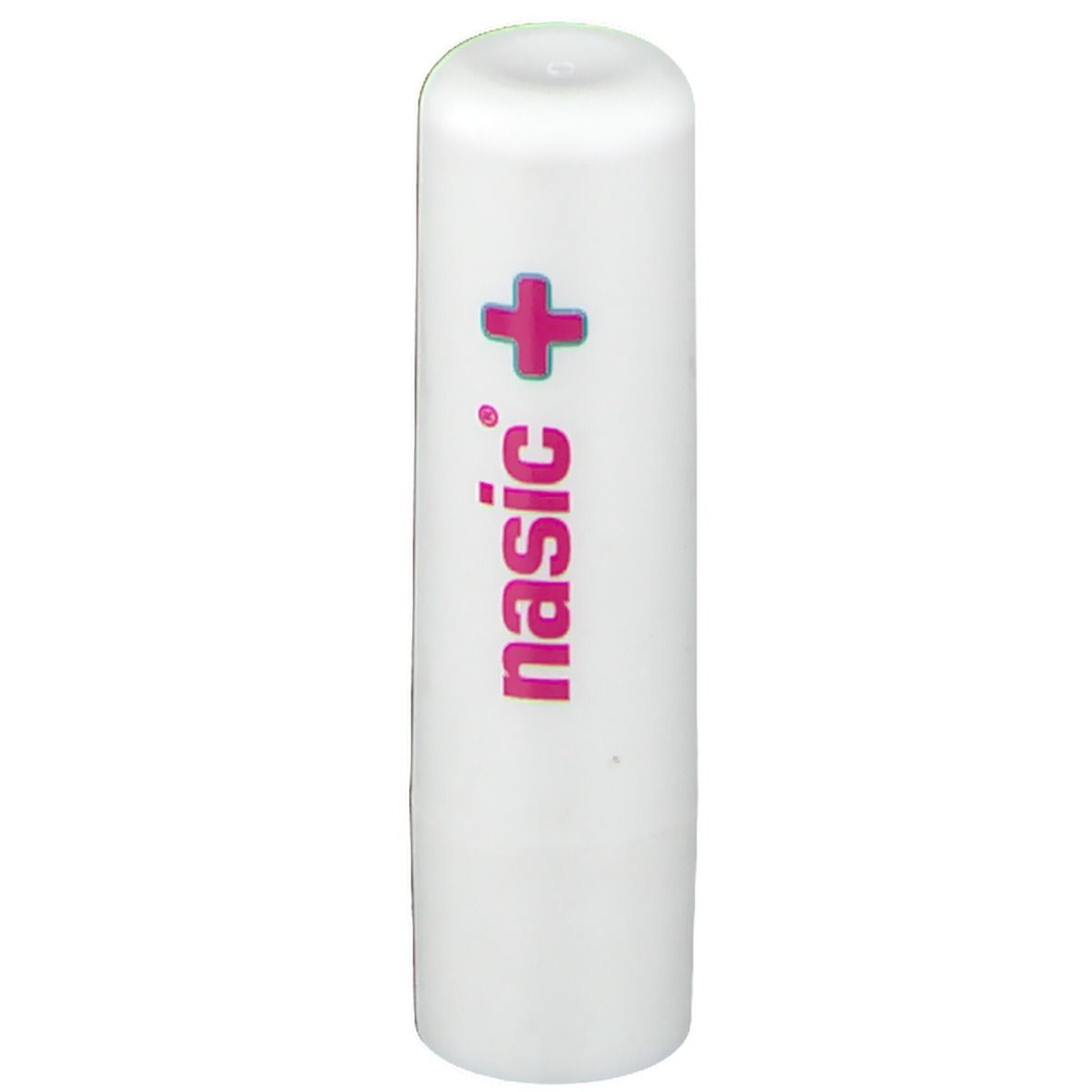 Weißer Lippenpflegestift mit pinkfarbenem Logo und Schriftzug 'nasic +'.