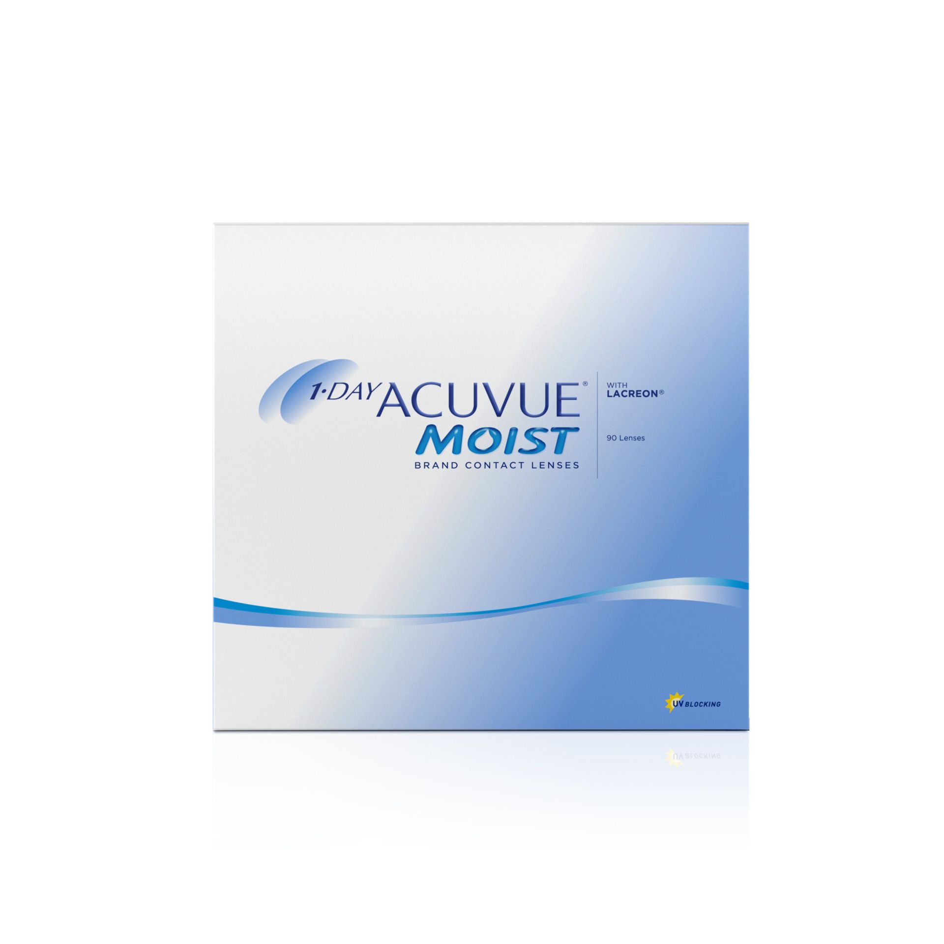 Verpackung von 1-DAY ACUVUE MOIST Kontaktlinsen. Weißer Karton mit blauem Logo und Text. "MOIST" prominent.