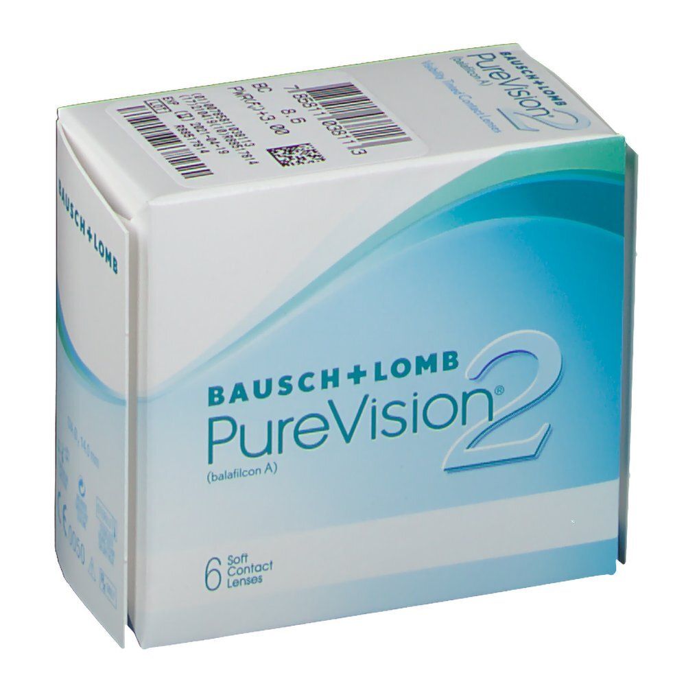 Verpackung von Bausch+Lomb PureVision 2 Kontaktlinsen. Enthält 6 Linsen. Blaue und weiße Farbgebung.