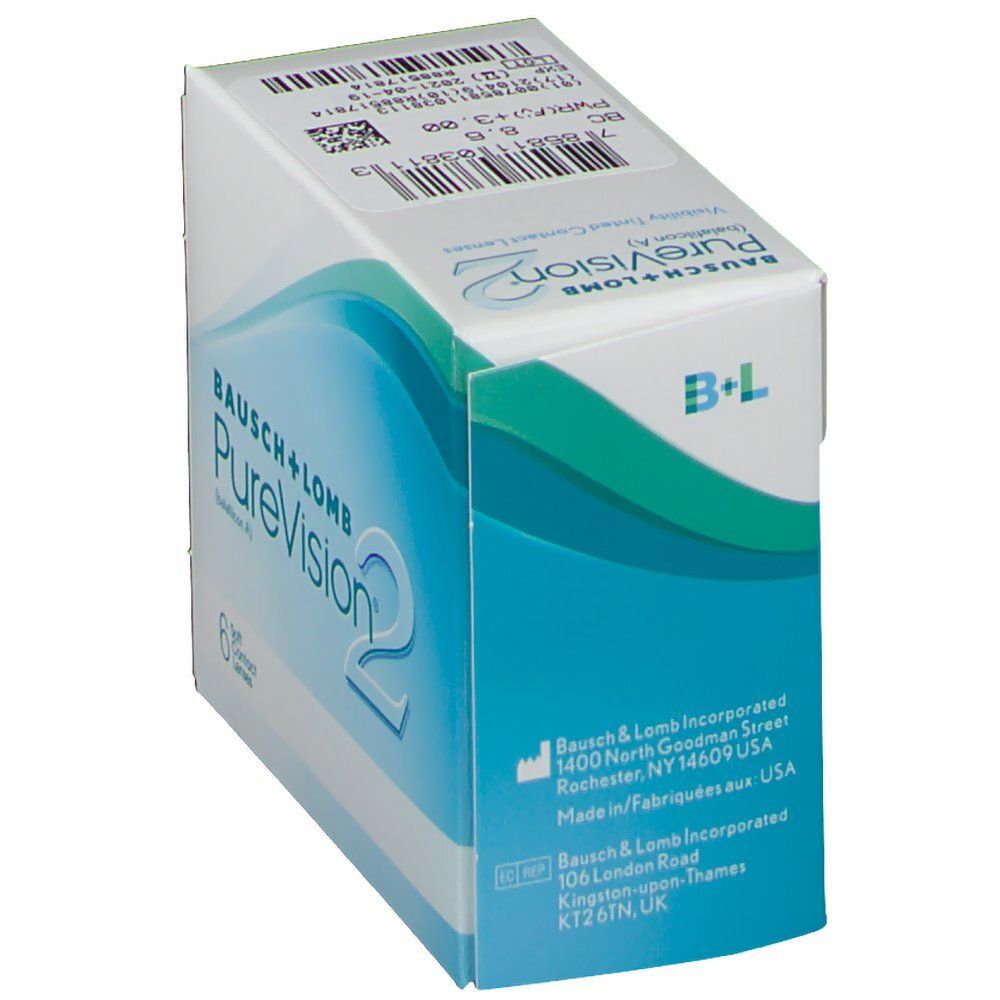 Schrägansicht der Verpackung von Bausch+Lomb PureVision 2 Kontaktlinsen. Enthält 6 Linsen. Blaue und weiße Farbgebung.