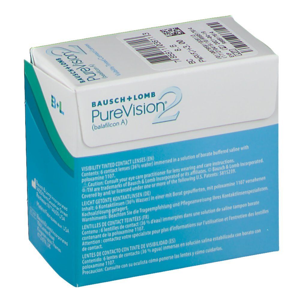 Verpackung von Bausch+Lomb PureVision 2 Kontaktlinsen. Enthält 6 Linsen. Text in mehreren Sprachen.