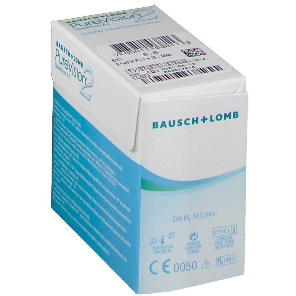Verpackung von Bausch+Lomb PureVision 2 Kontaktlinsen. Enthält 6 Linsen. Mit CE-Kennzeichnung.