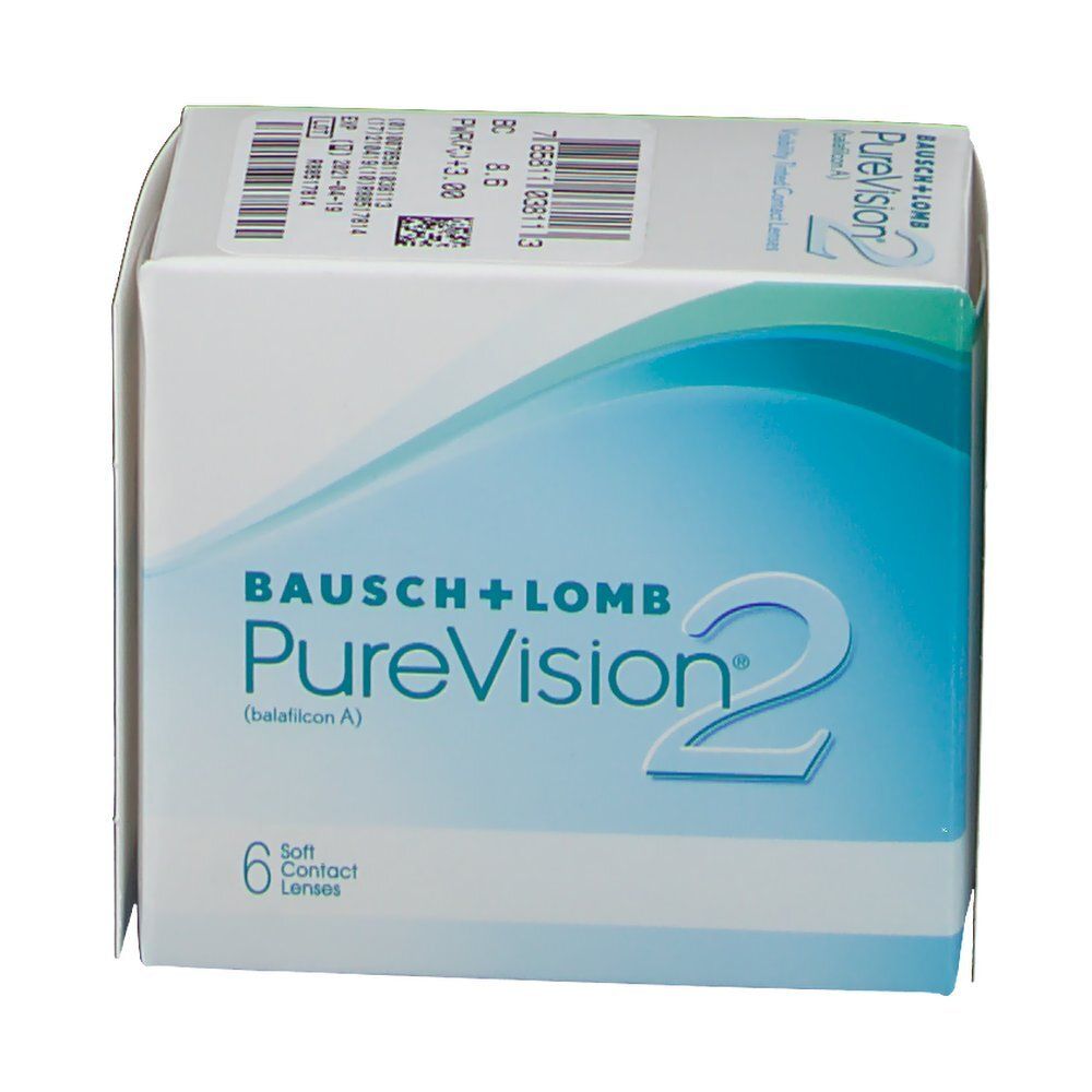 Verpackung von Bausch+Lomb PureVision 2 Kontaktlinsen. Enthält 6 Linsen. Blaue und weiße Farbgebung.