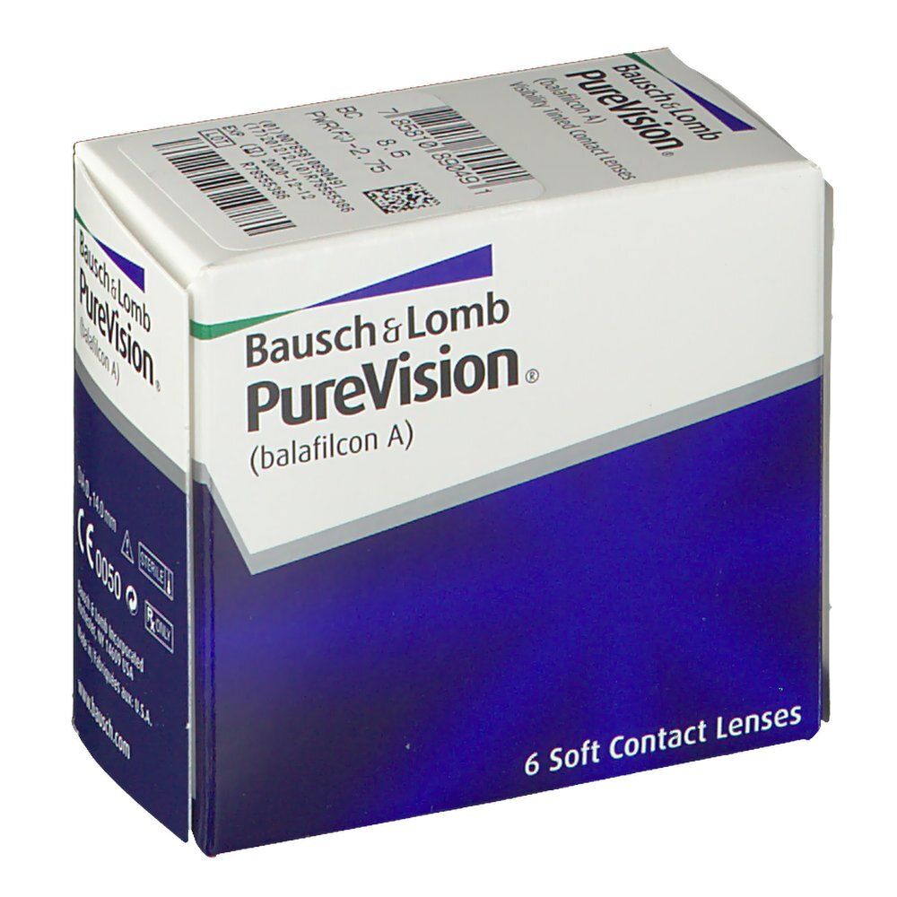 Verpackung von Bausch & Lomb PureVision Kontaktlinsen. Sechs Linsen, blaue und weiße Schachtel mit Produktinformationen.