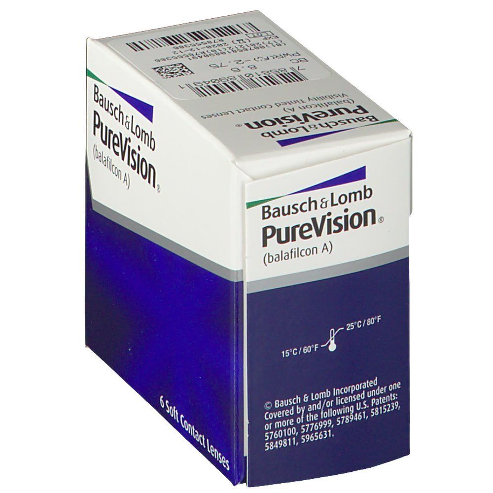 Bausch & Lomb PureVision Kontaktlinsen-Verpackung. Blaue und weiße Schachtel mit Produktinformationen und Temperaturangaben.