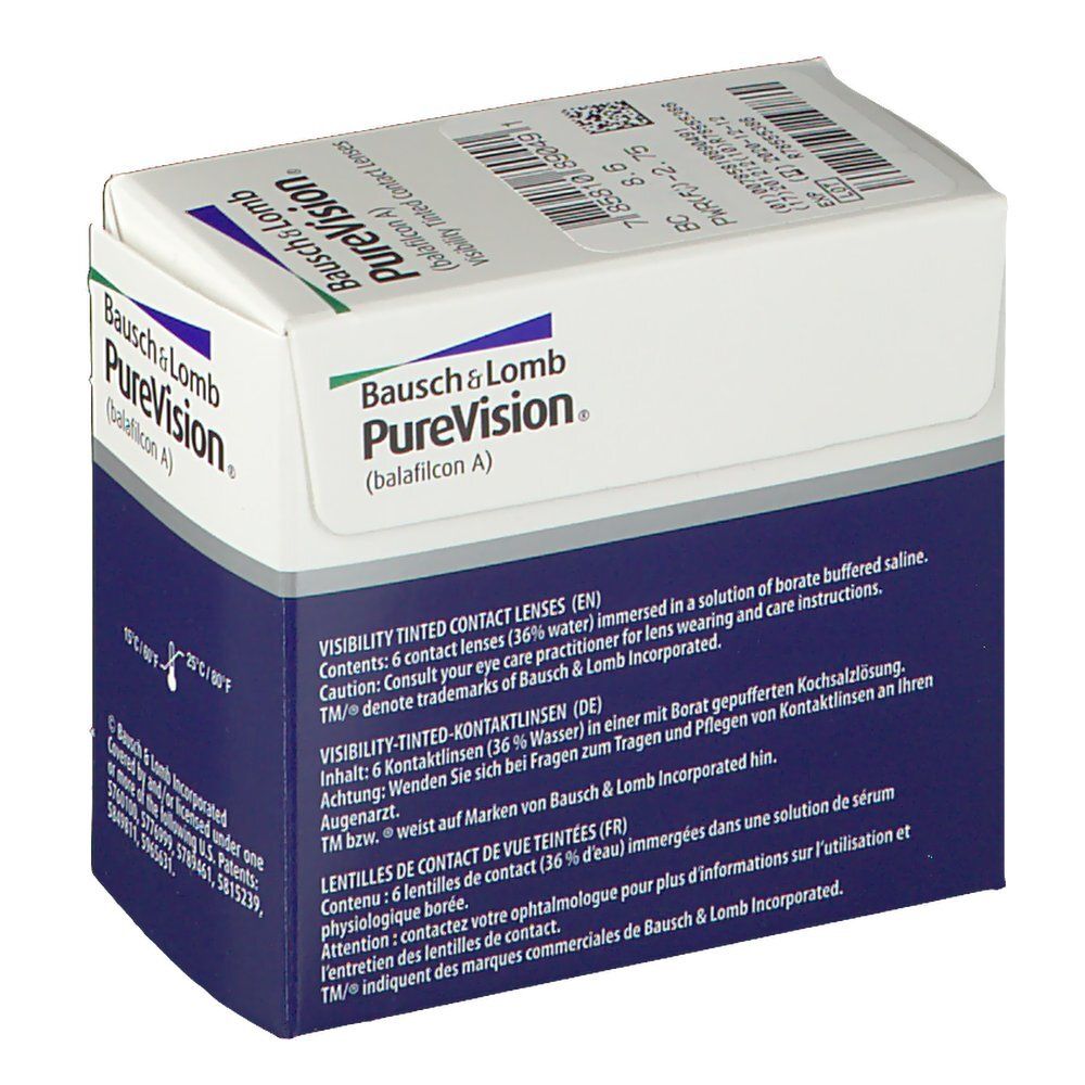 Verpackung von Bausch & Lomb PureVision Kontaktlinsen. Blaue und weiße Schachtel mit Produktinformationen und Text in mehreren Sprachen.