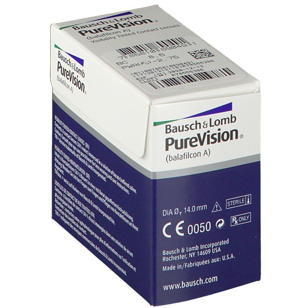 Bausch & Lomb PureVision Kontaktlinsen-Verpackung. Blaue und weiße Schachtel mit Produktinformationen, Durchmesser und Sterilität.